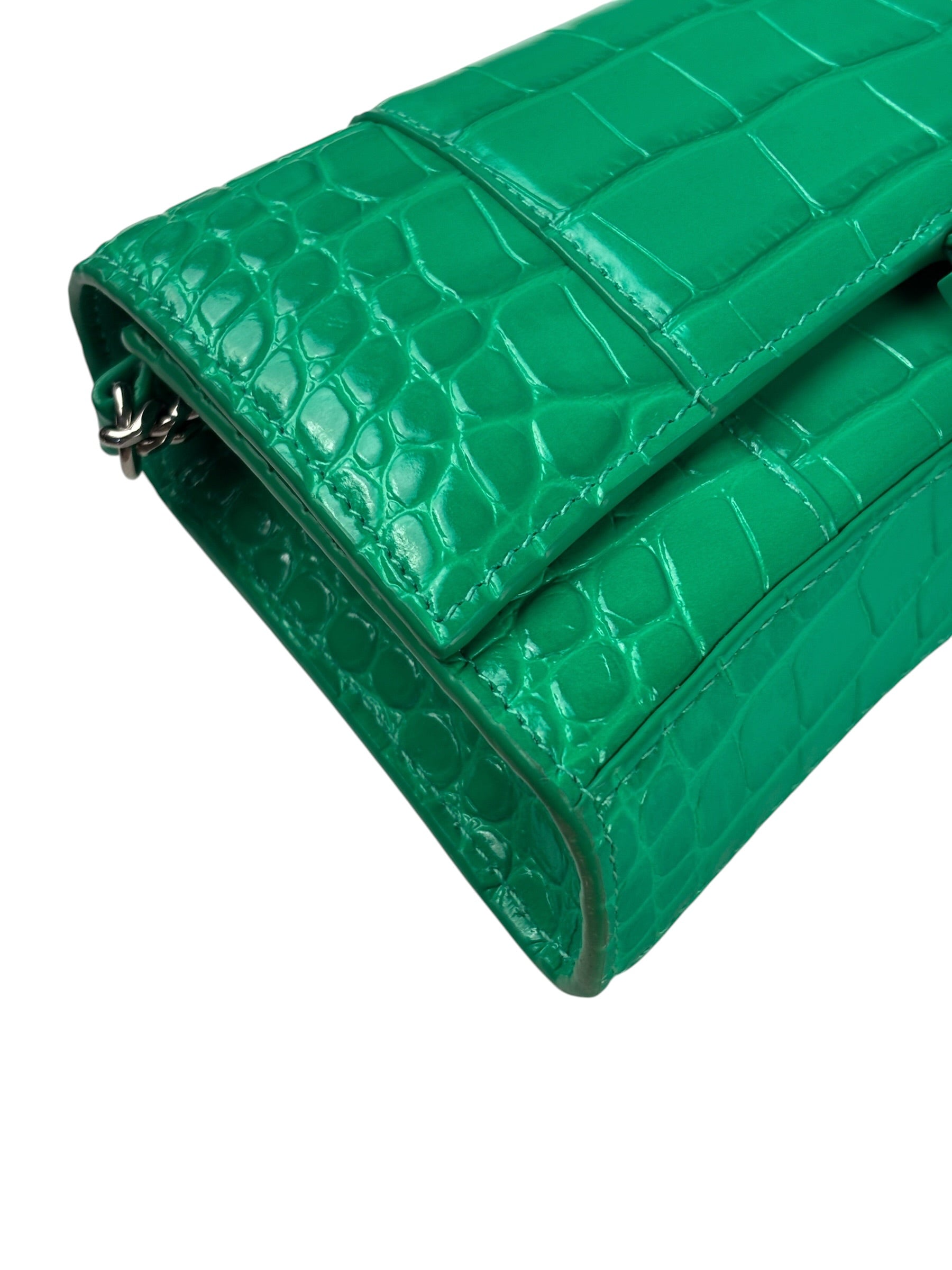 Balenciaga Green Crocodile Embossed Hourglass Wallet On Chain