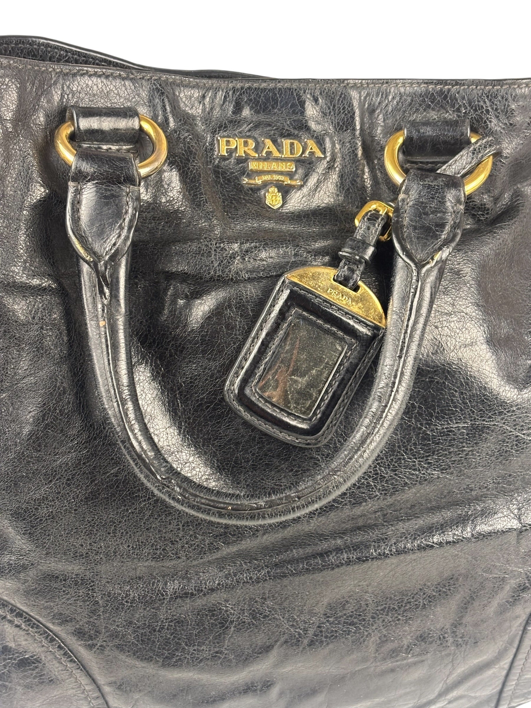 Prada Vintage Black Shine Leather Vitello Daino Tote