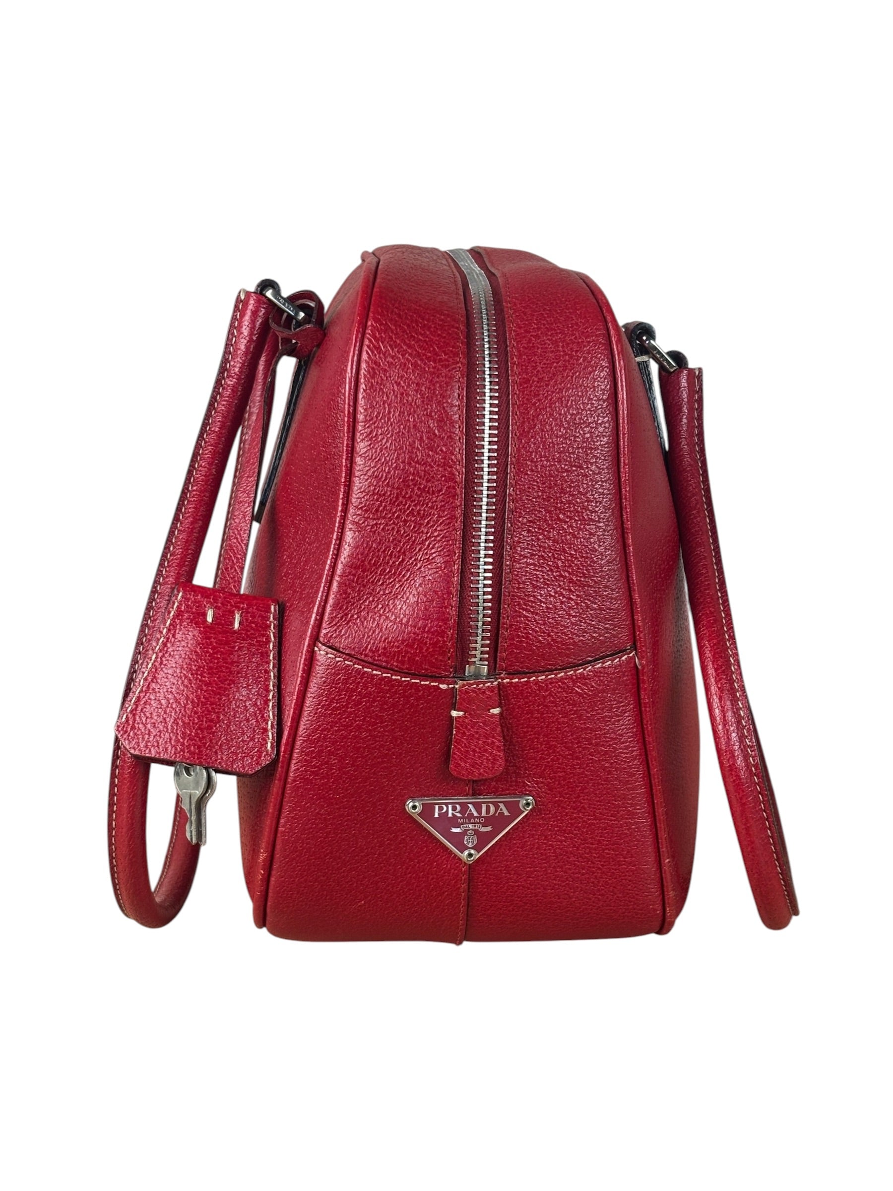 Prada Red Leather Bowling Shoulder Bag