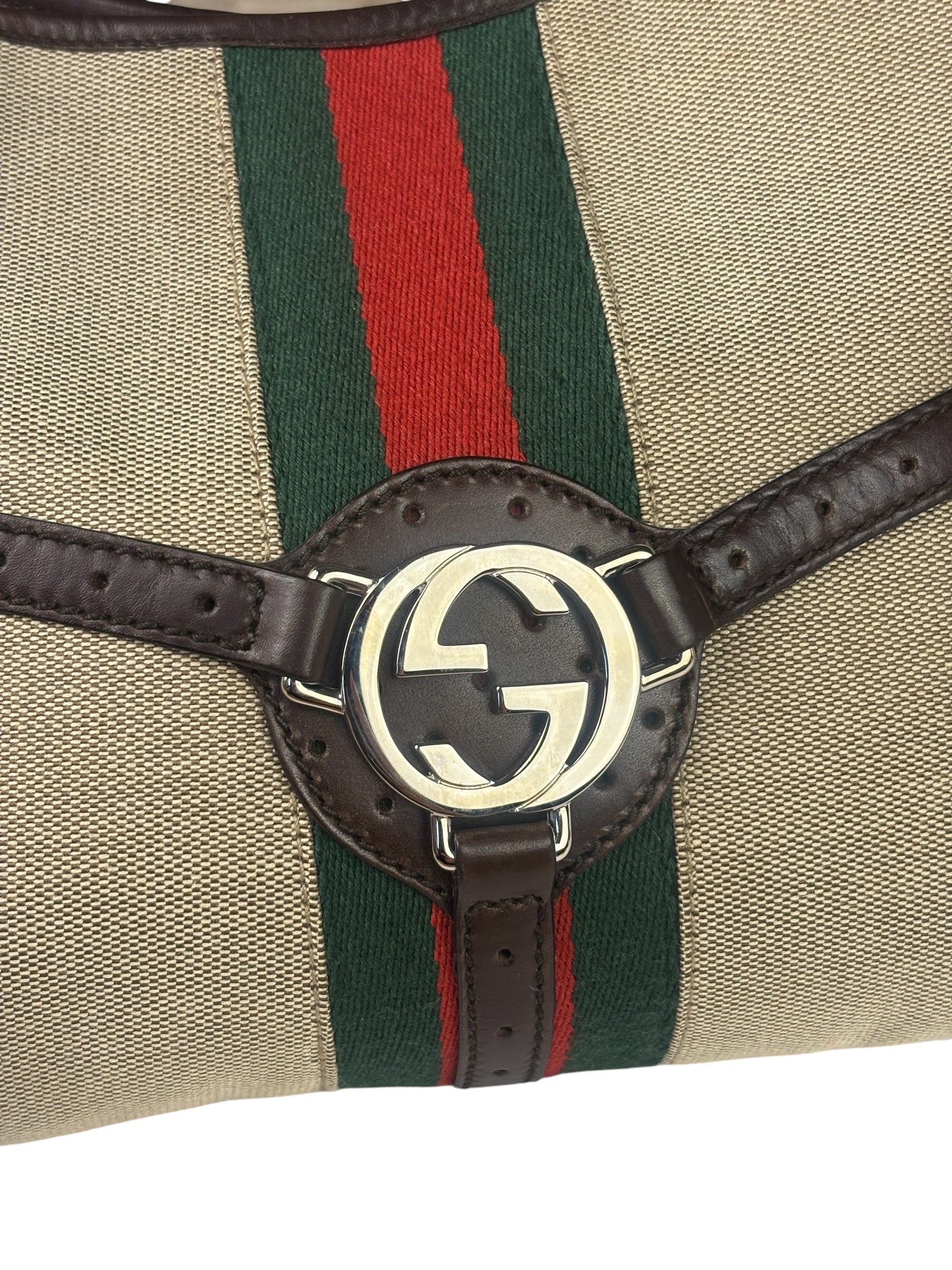 Gucci Brown/Beige Leather Trim Reins Canvas Web Hobo Bag