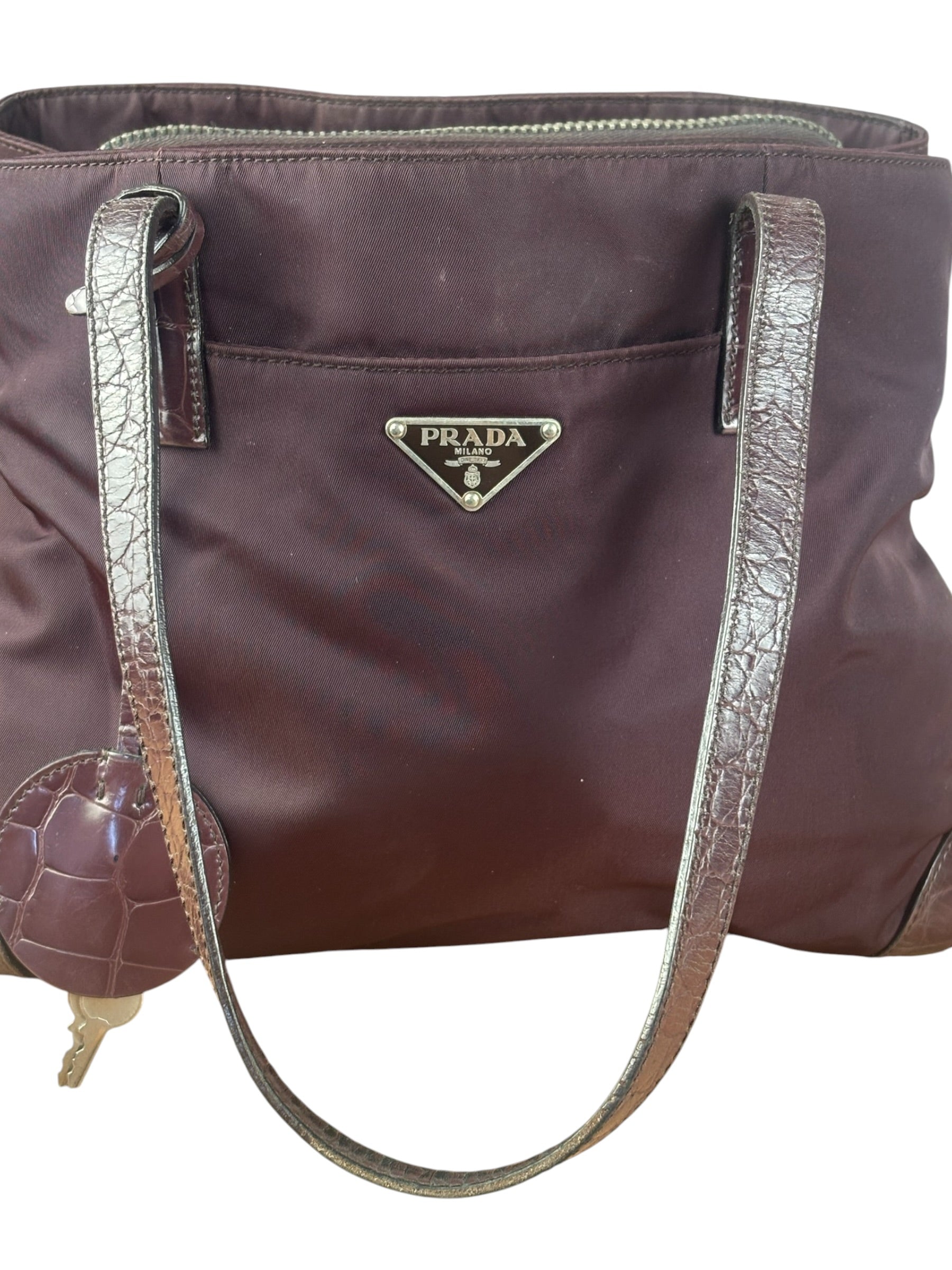 Prada Vintage Plum Nylon Leather Embossed Handbag