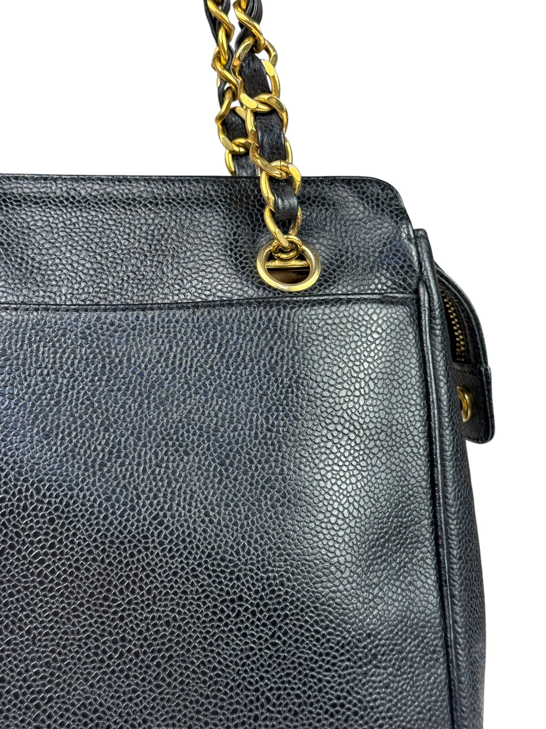 Chanel Vintage Black Caviar Leather Triple CC Chain Tote Bag