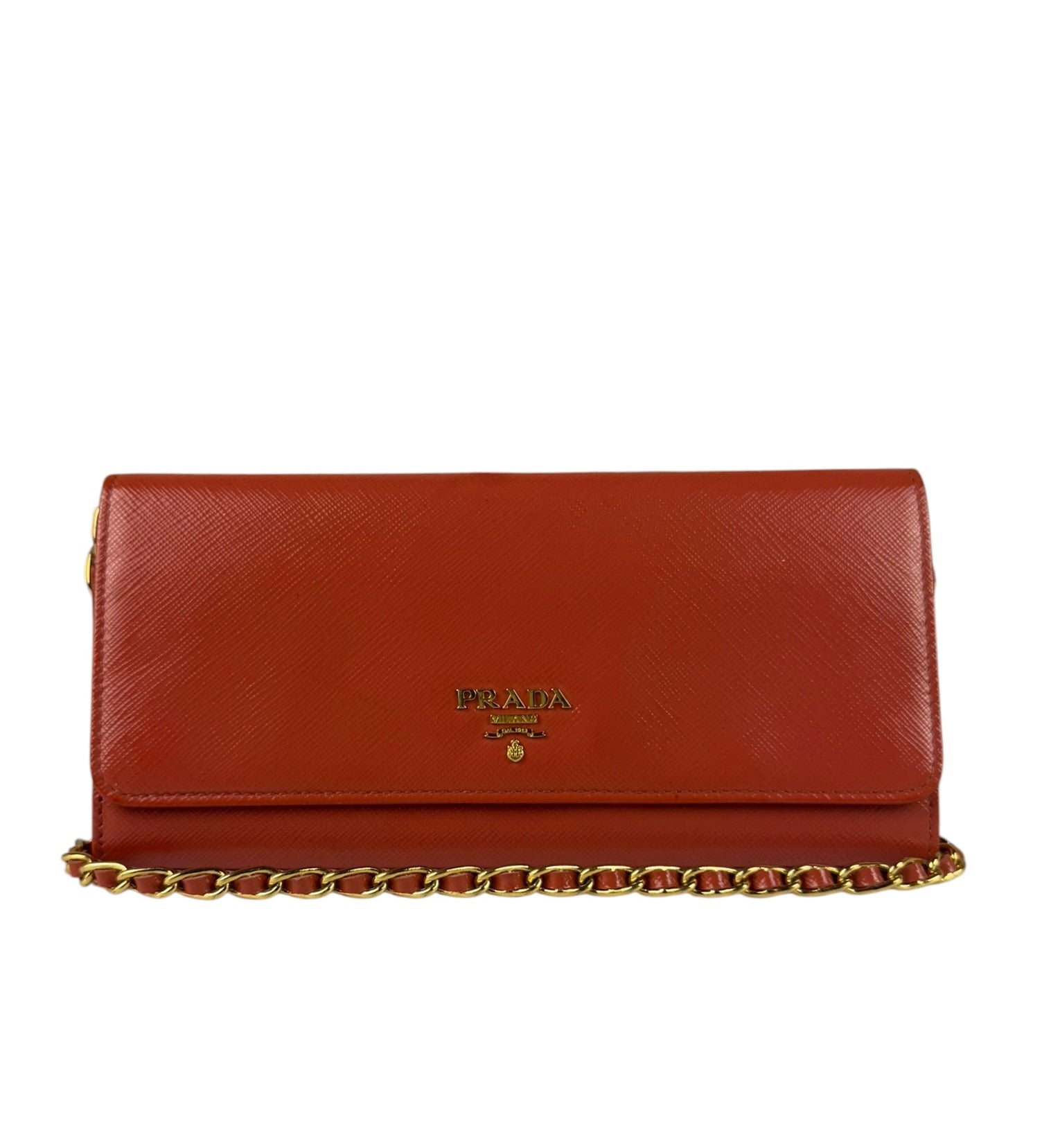 Prada Coral-Red Saffiano Leather Wallet On Chain