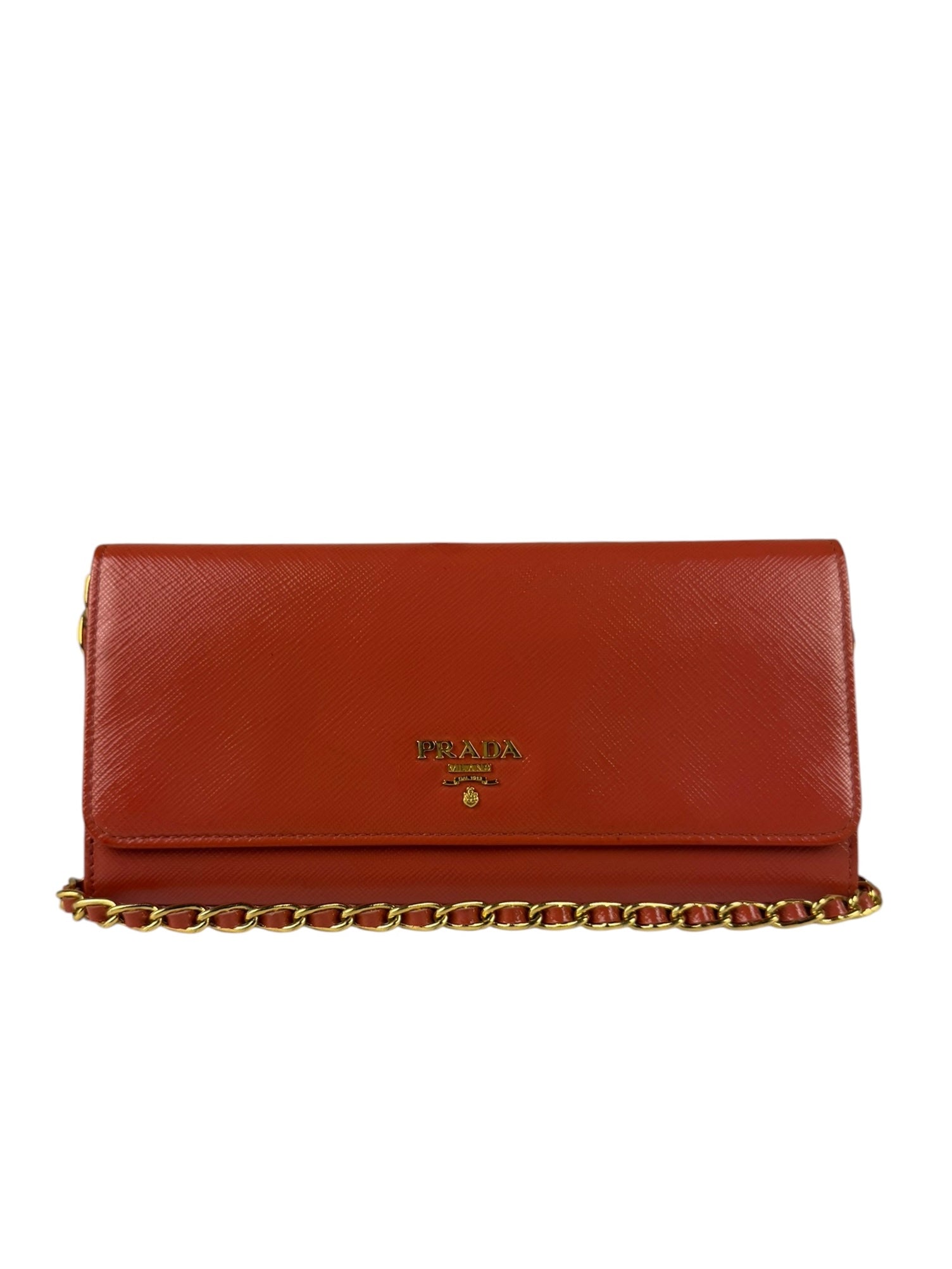 Prada Coral-Red Saffiano Leather Wallet On Chain
