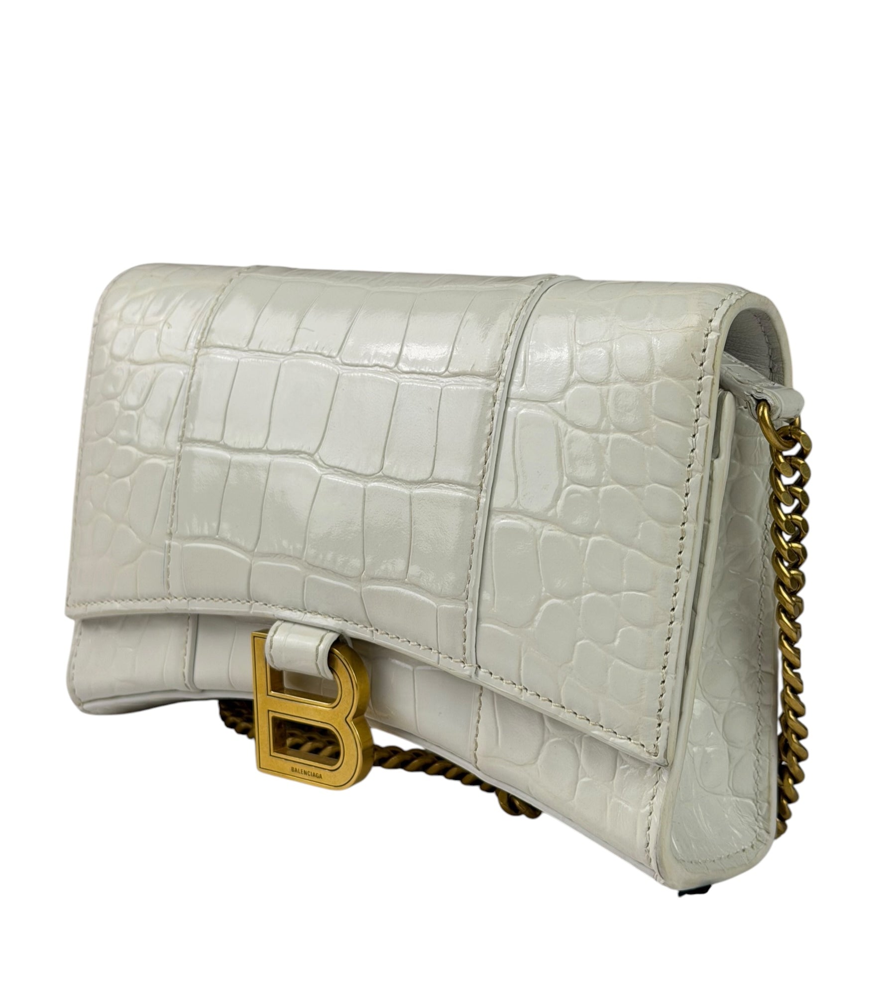 Balenciaga White Crocodile Embossed Hourglass Wallet On Chain