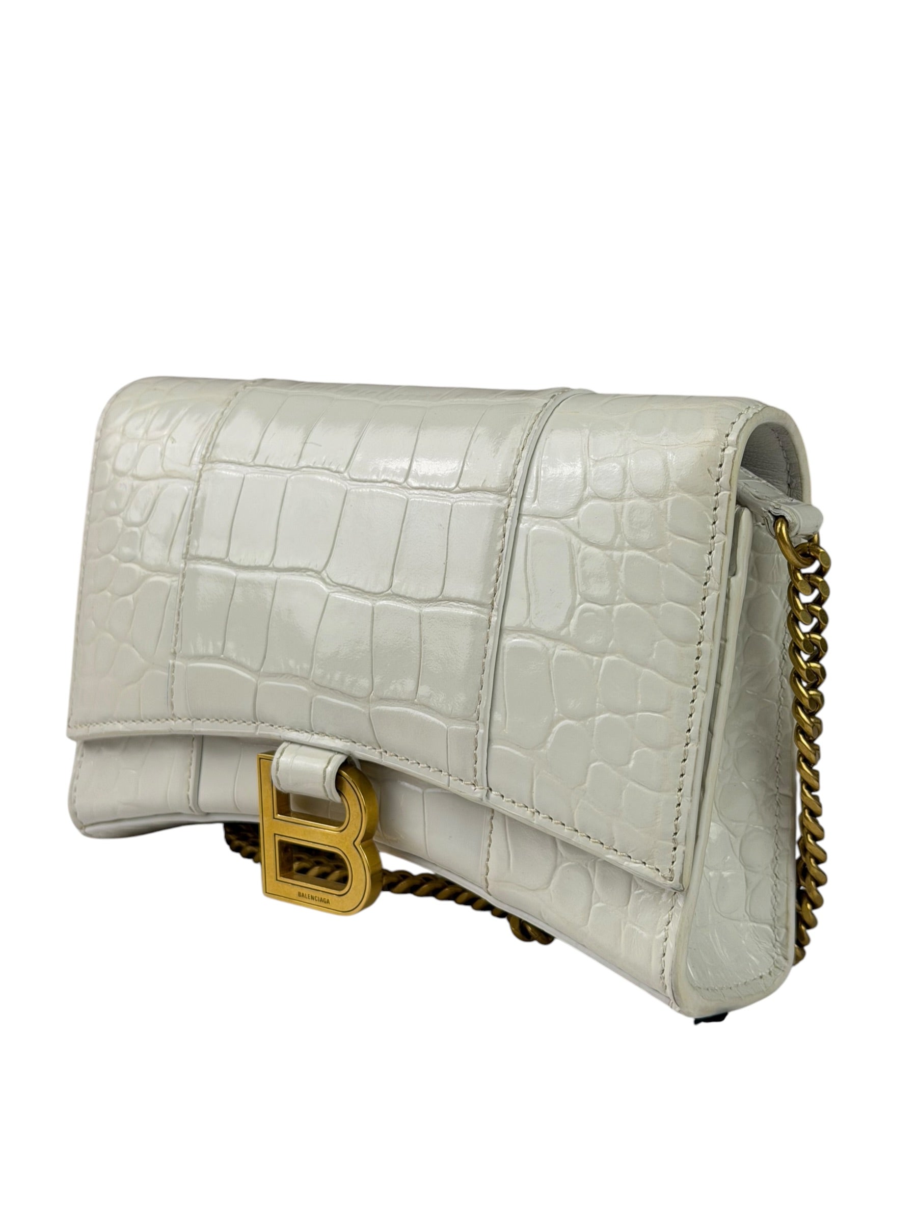 Balenciaga White Crocodile Embossed Hourglass Wallet On Chain