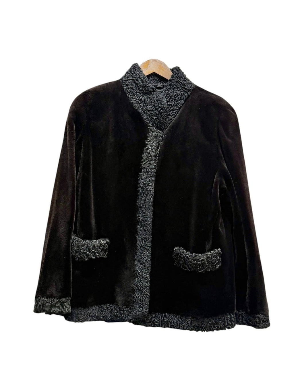 Vintage Black Persian Lamb Lapel Dark Brown Sheared Mink Coat
