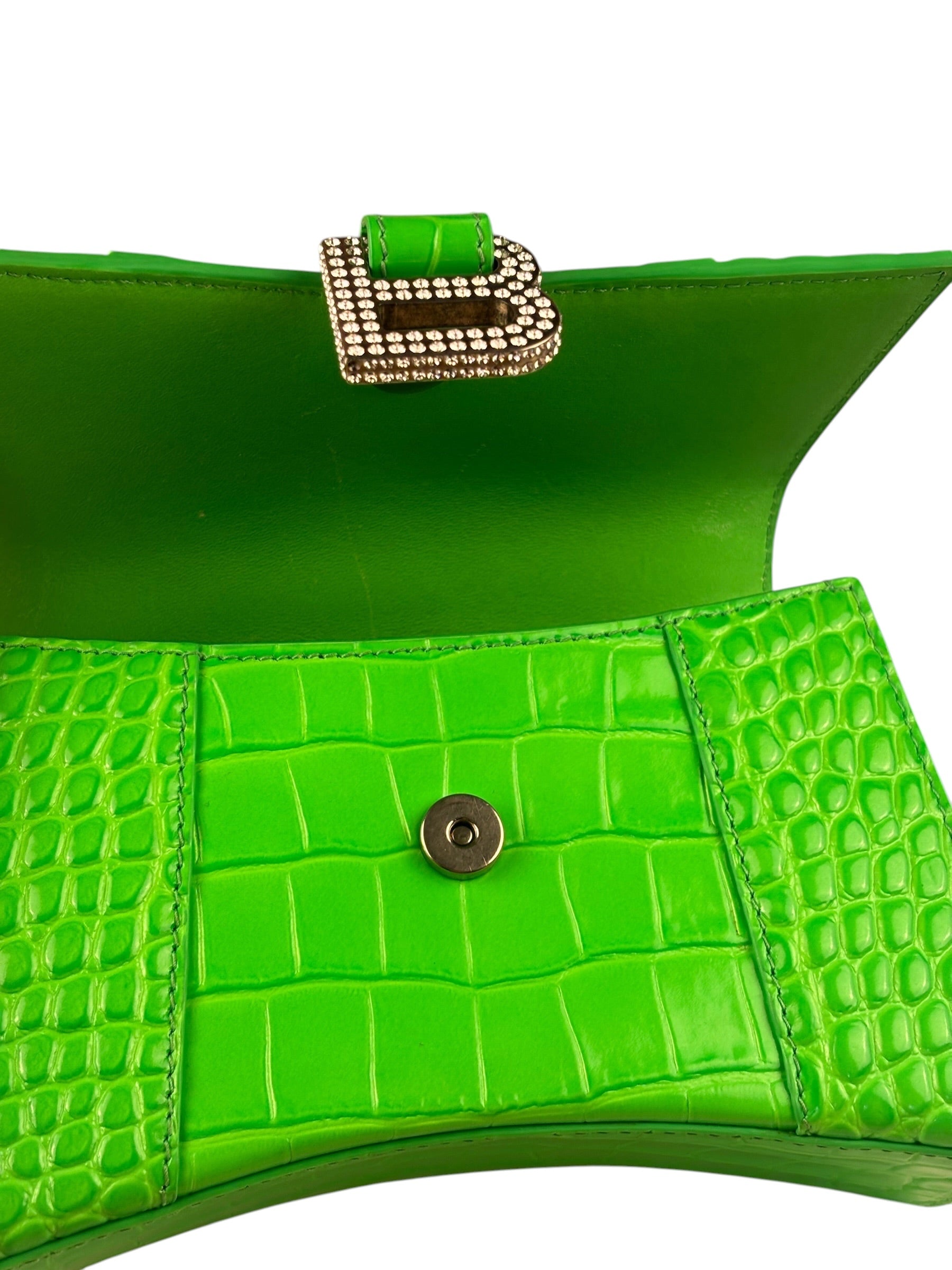 Balenciaga Fluo Green Crocodile Embossed Hourglass XS Two-Way Bag