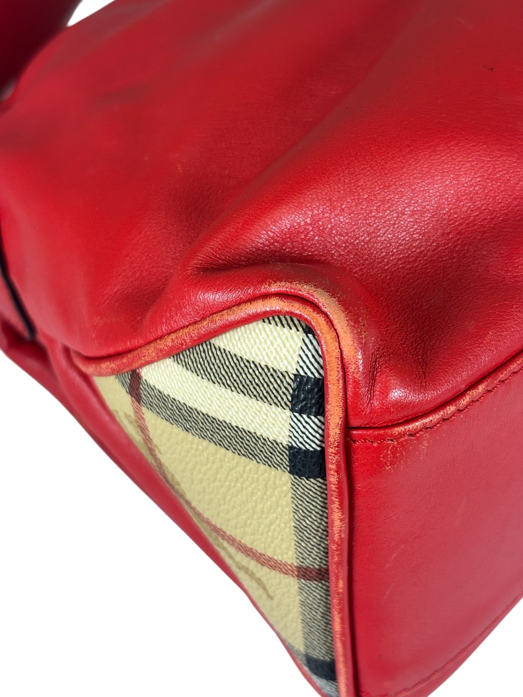 Burberry Red Leather Haymarket Check Shoulder Bag
