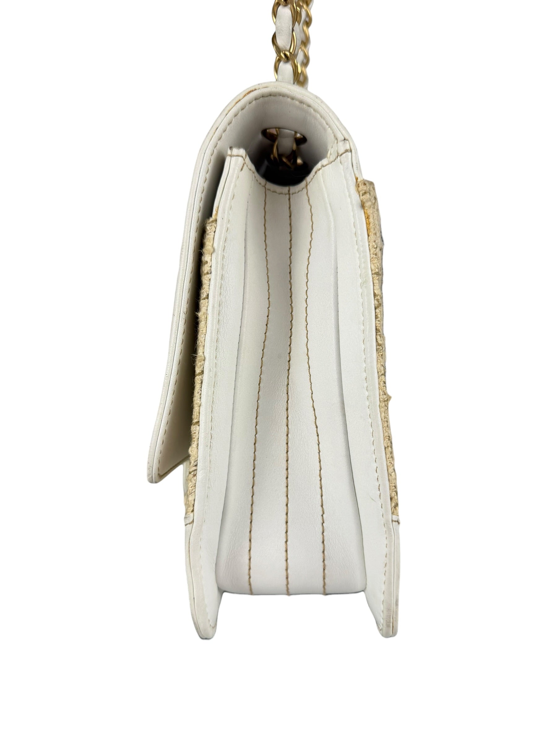 Chanel White Leather Trim Tweed Shoulder Bag 2001