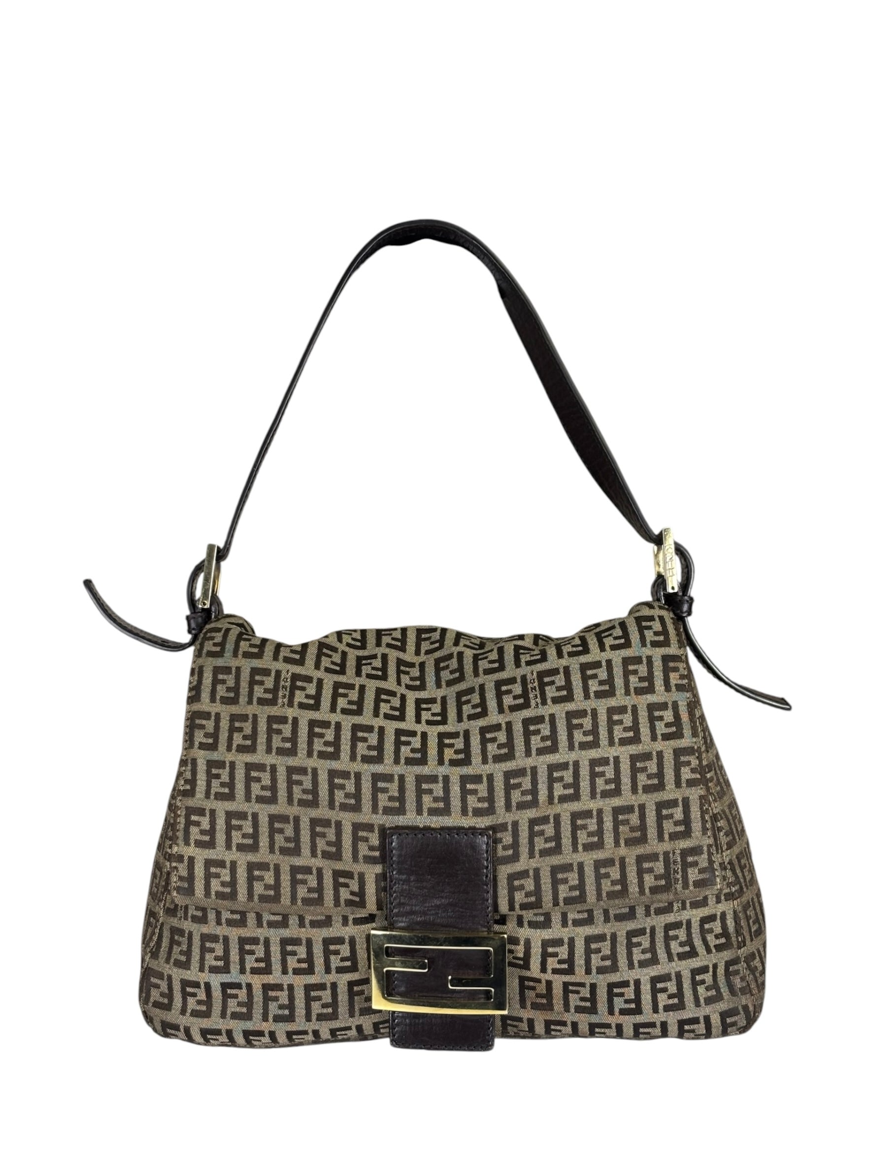 Fendi Brown Leather Trim Zucca Mamma Baguette