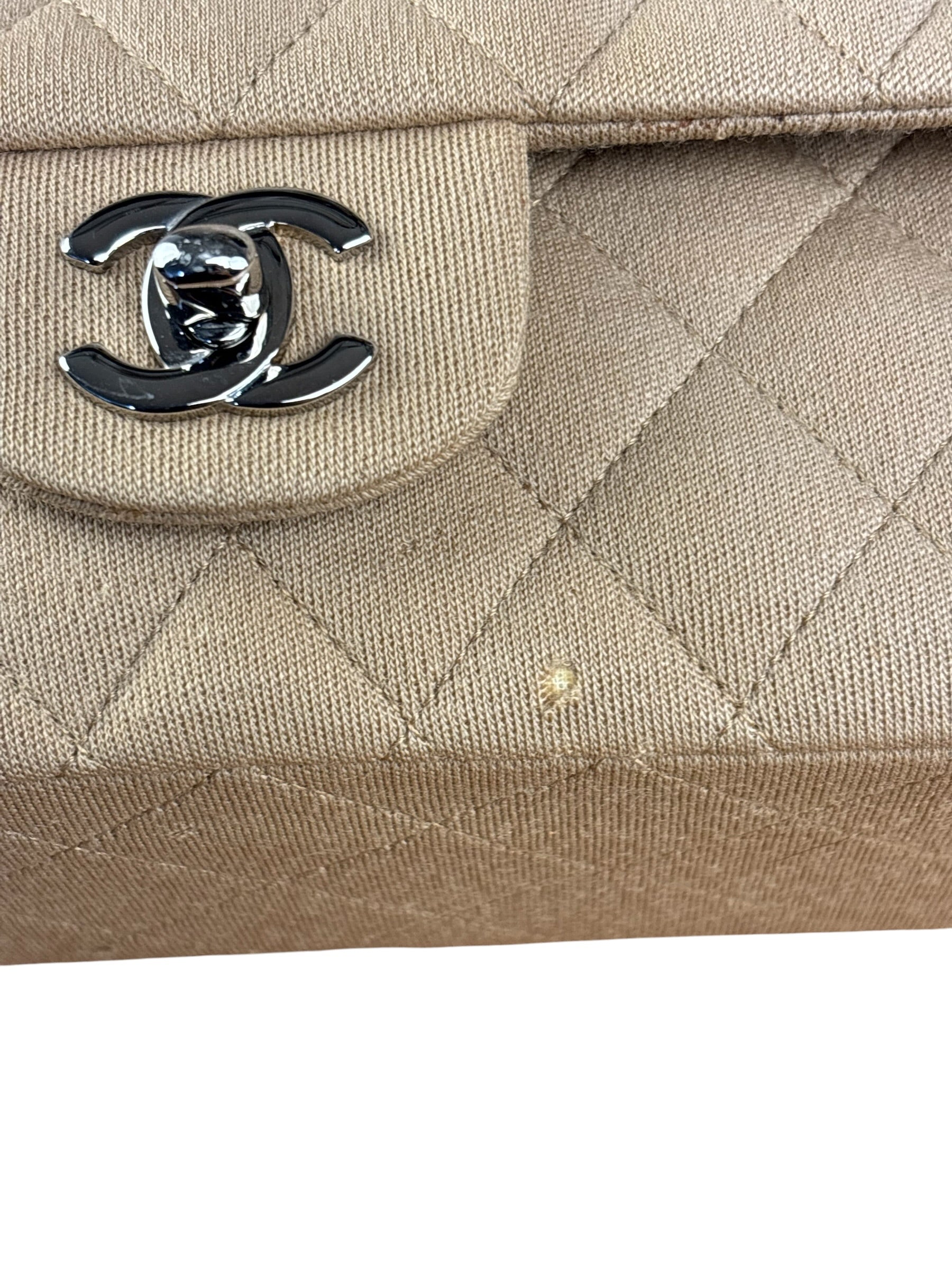 Chanel Beige Jersey Leather Trim Classic Double Flap Bag 2005