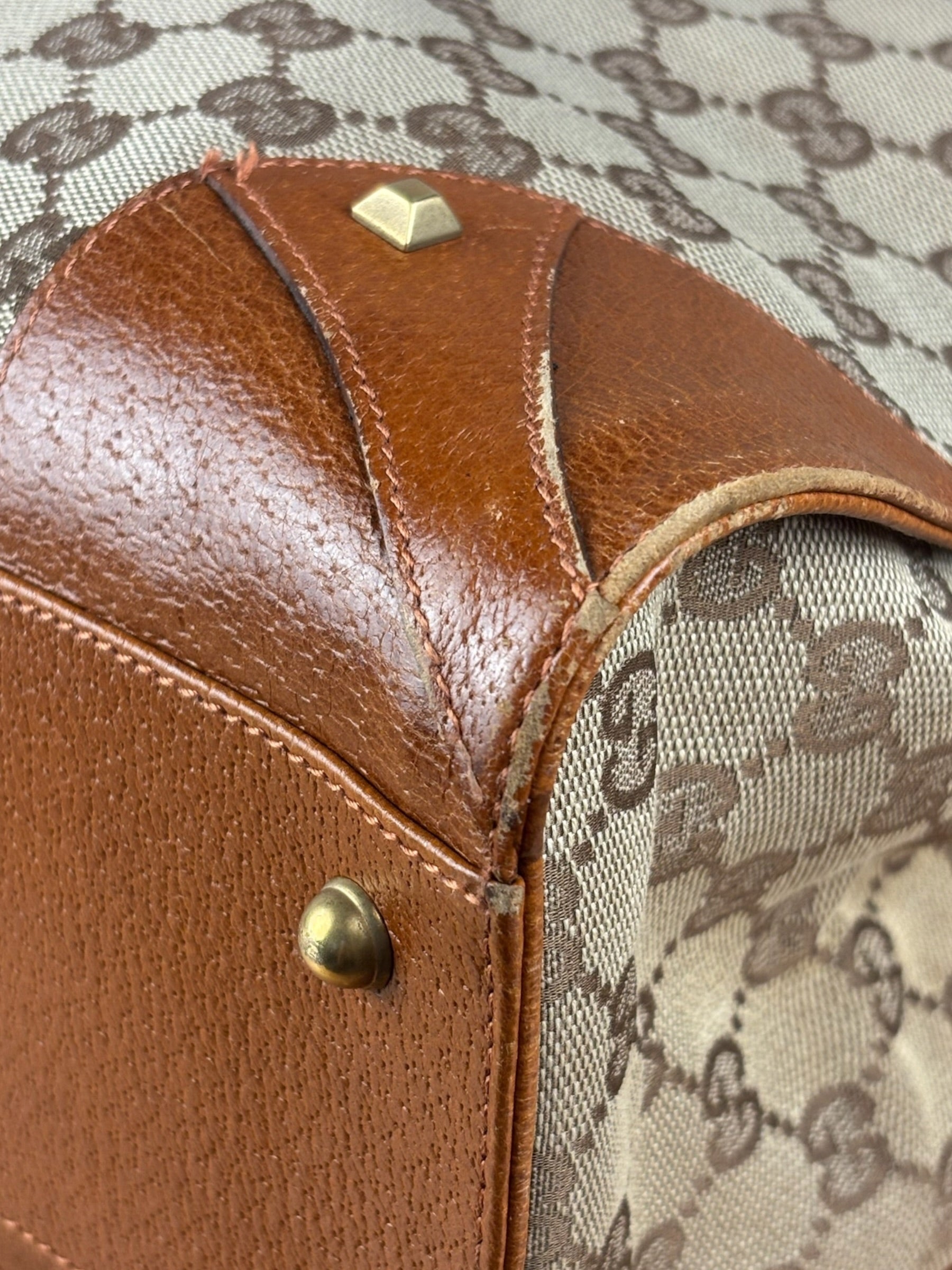Gucci GG Brown Leather Trim Canvas Monogram Tote Bag