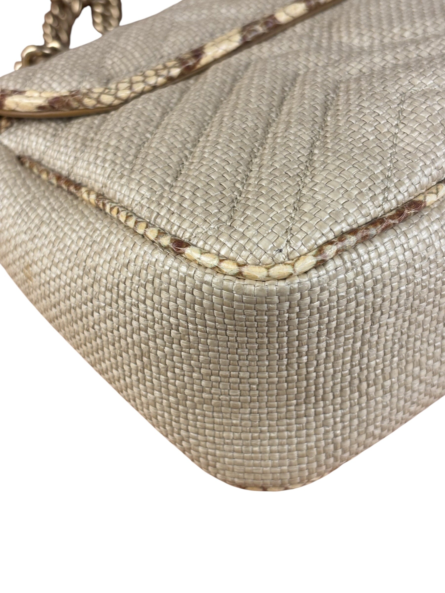 Gucci GG Beige Raffia Marmont Snakeskin Trim Flap Bag