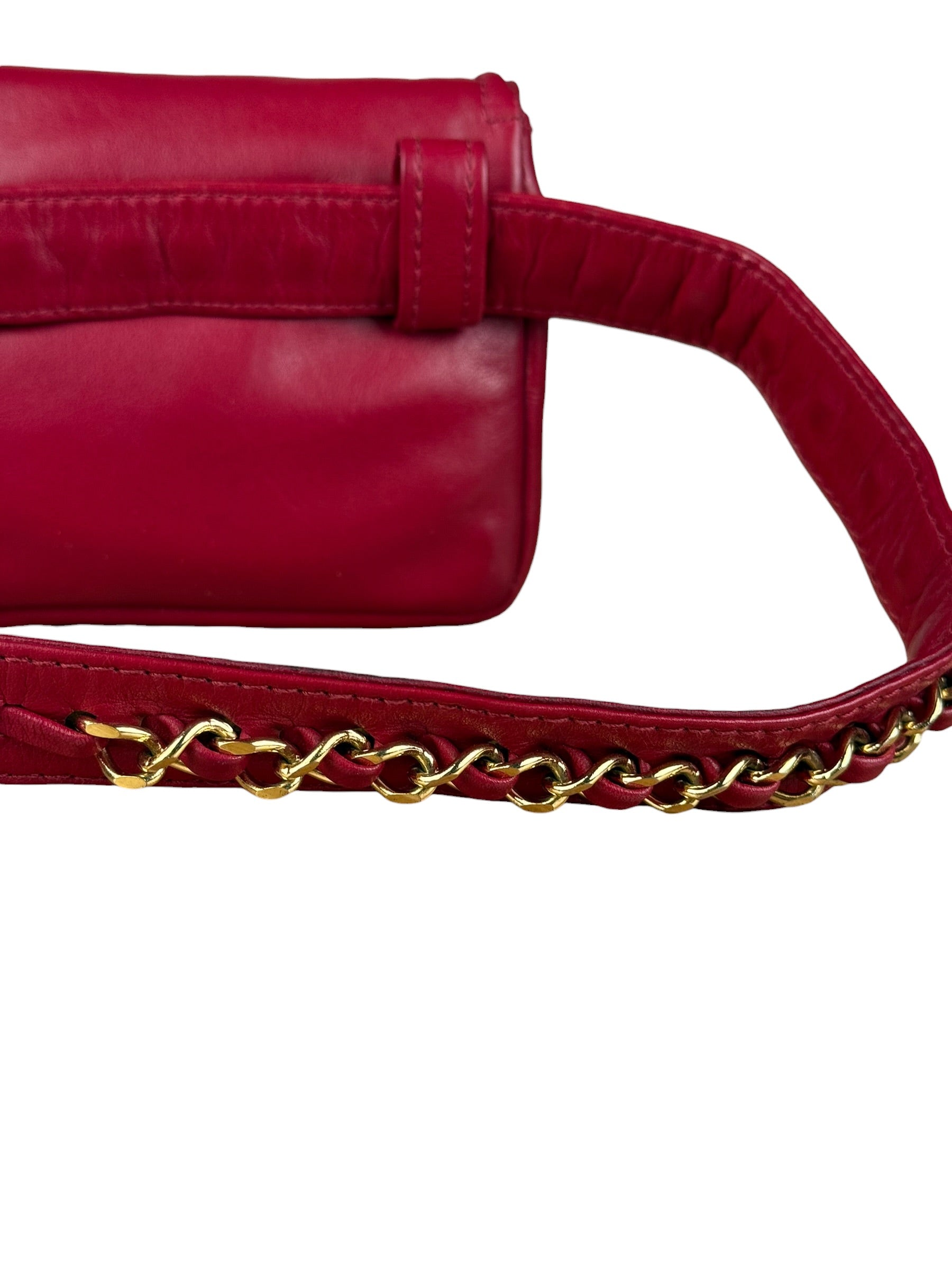 Chanel Vintage Red CC Leather Chain Belt Bag 90s