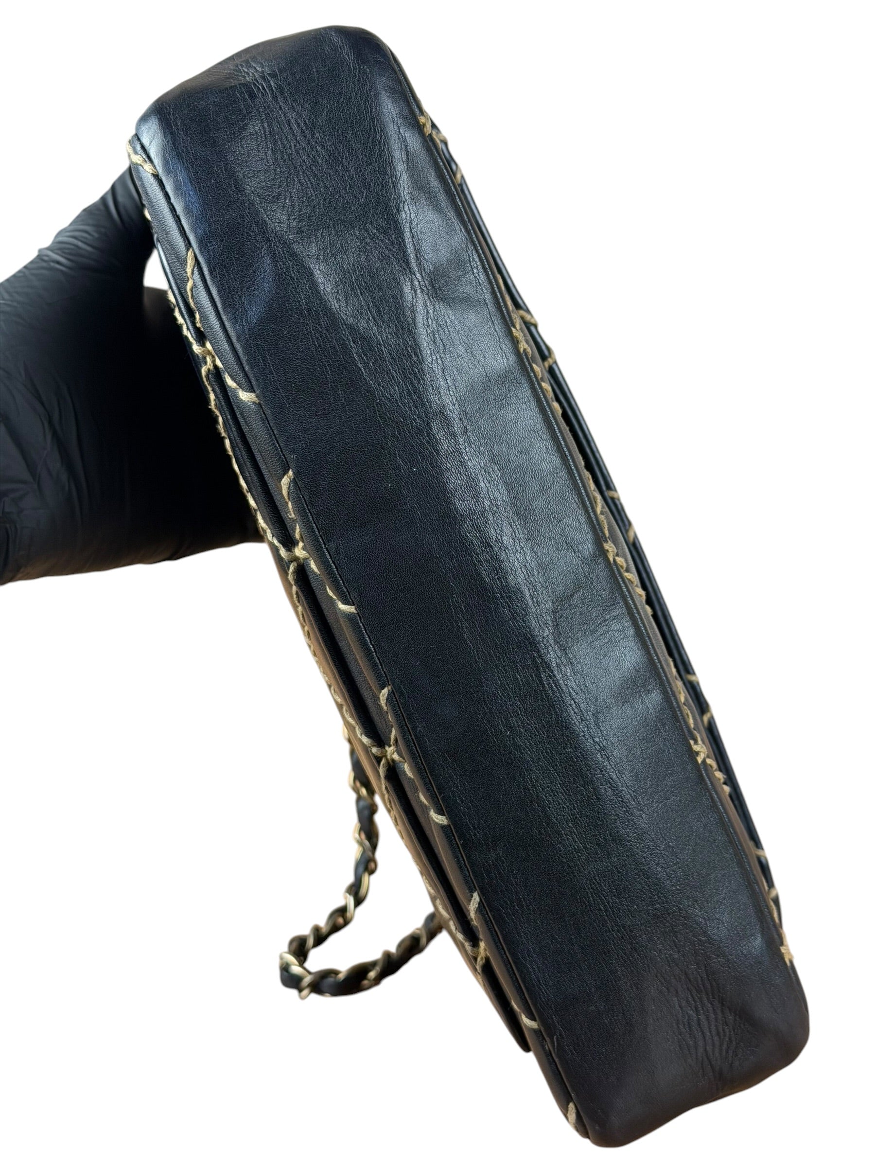 Chanel Vintage Navy Blue Leather Wild Stitch Surpique Flap Bag 2001