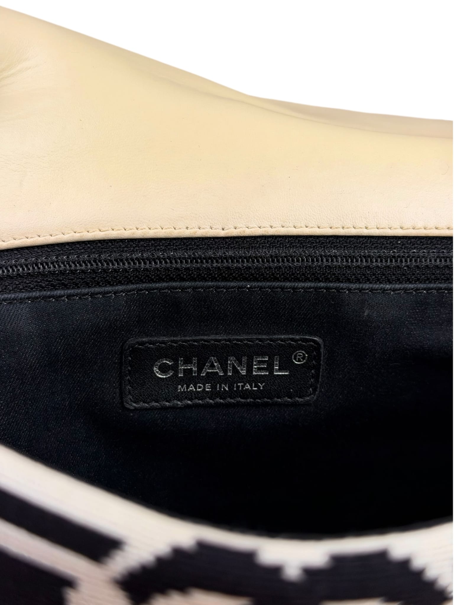 Chanel Black/White Leather Trim/Cloth Venise Biarritz Flap Bag 2019