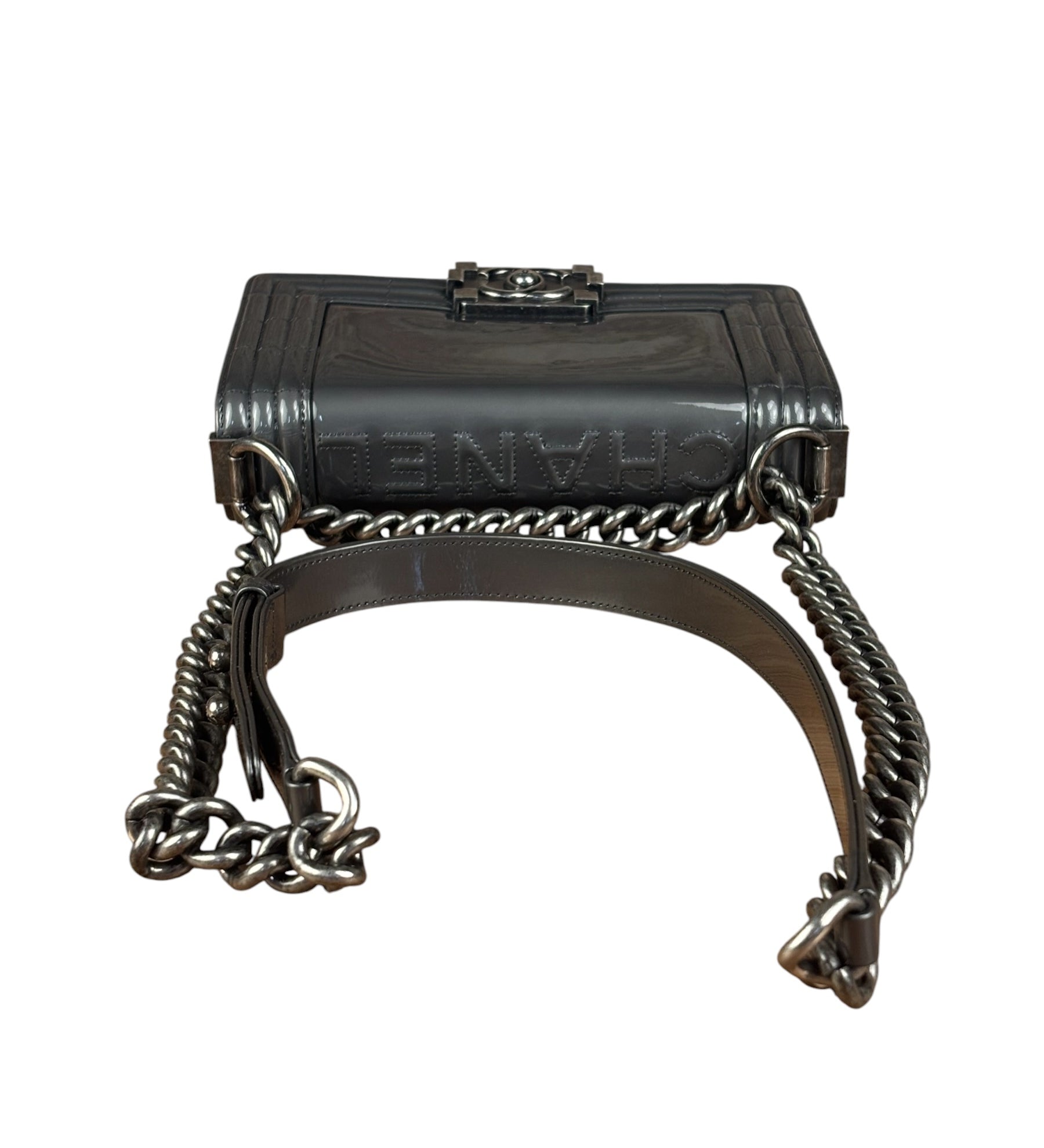 Chanel Gray Patent Leather Boy Flap Shoulder Bag