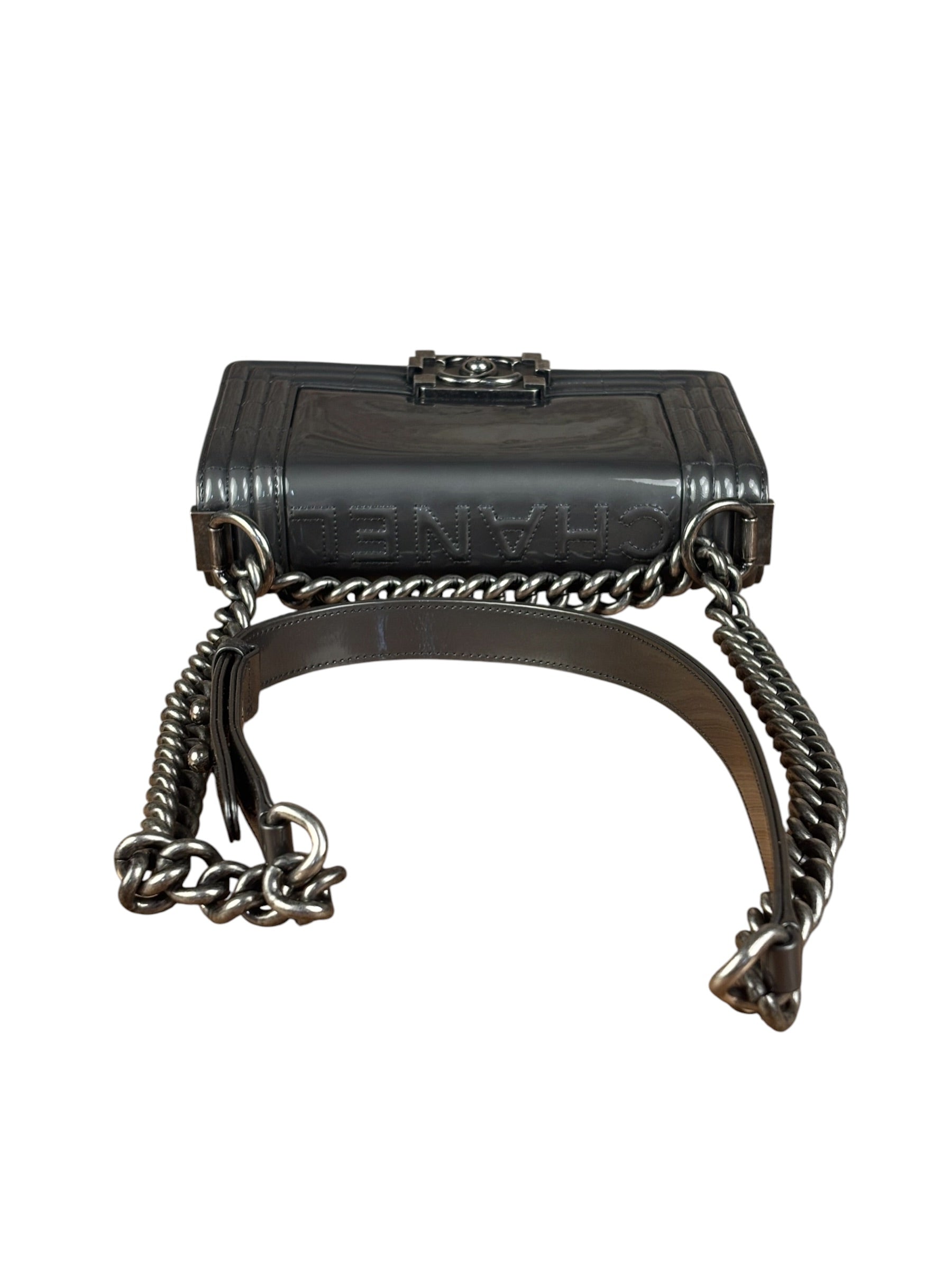Chanel Gray Patent Leather Boy Flap Shoulder Bag