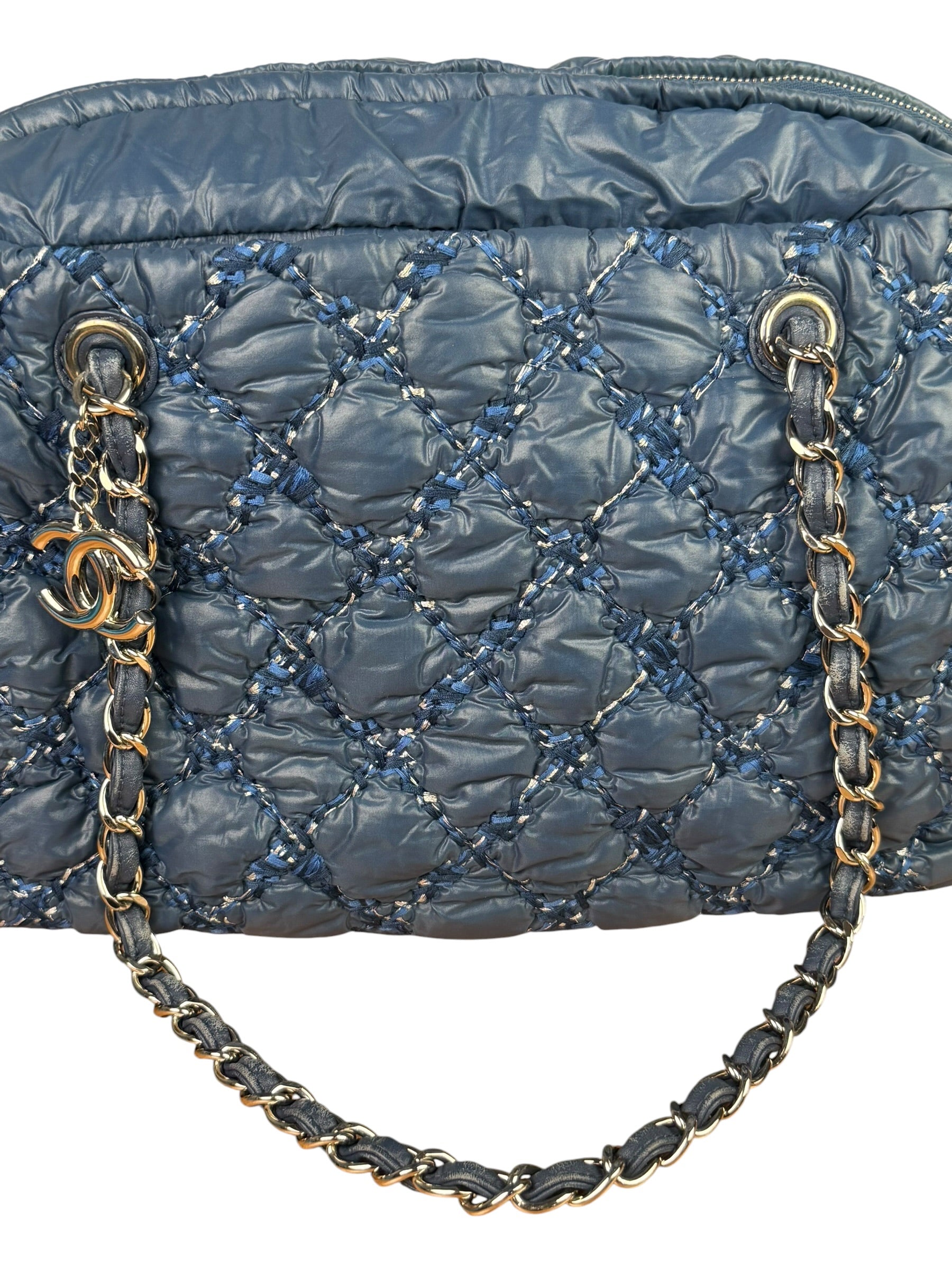 Chanel Blue Leather Trim/Nylon Tweed Stitch Puffer Chain Shoulder Bag 2010