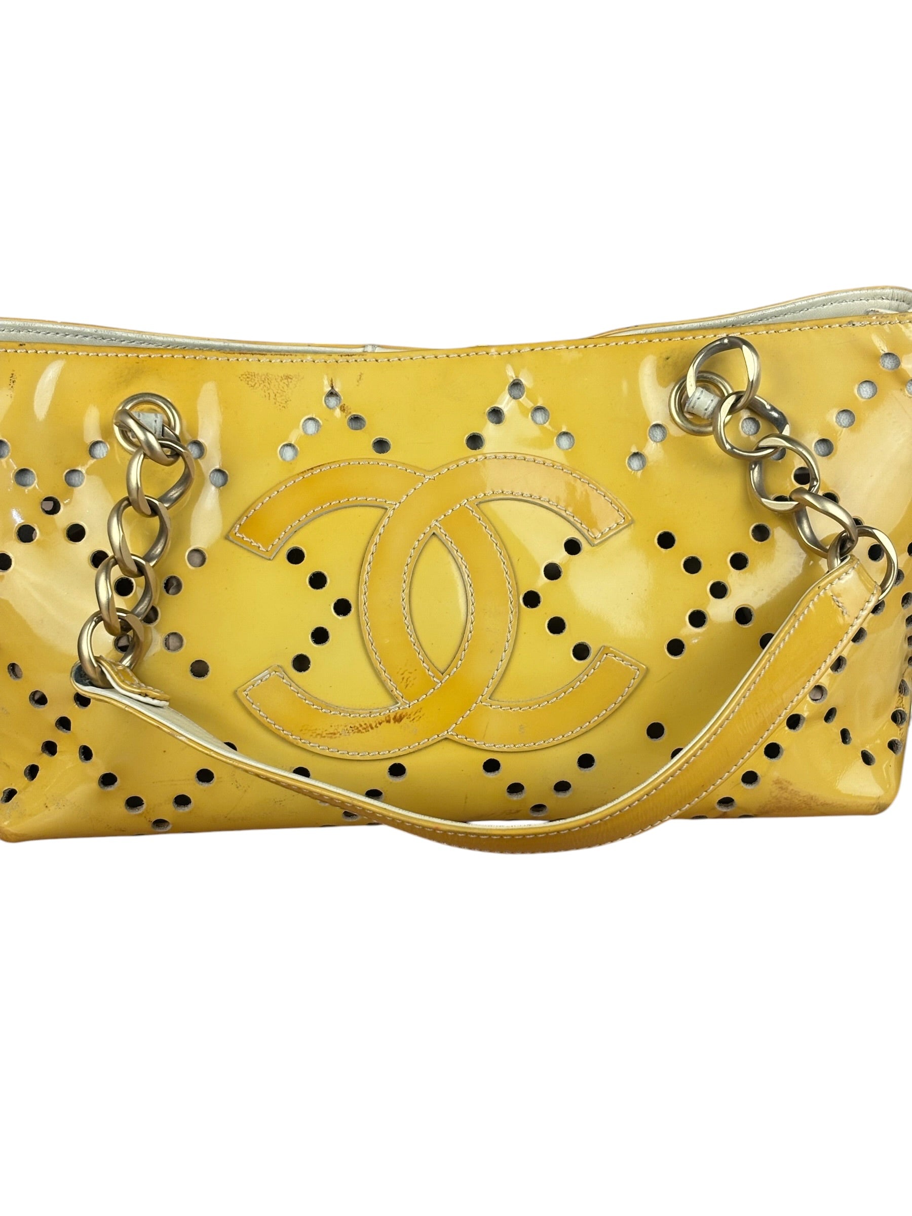 Chanel Vintage Yellow Patent Leather Perforated Tote Bag 1987