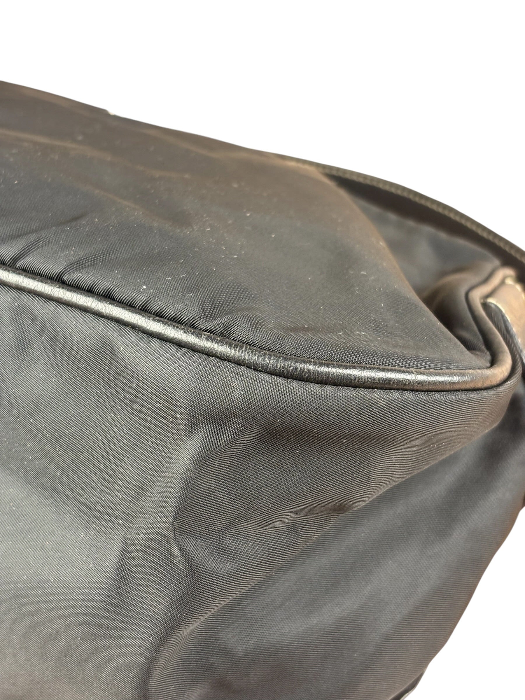 Damaged Prada Vintage Black Tessuto Nylon Leather Trim Saddle Flap Shoulder Bag