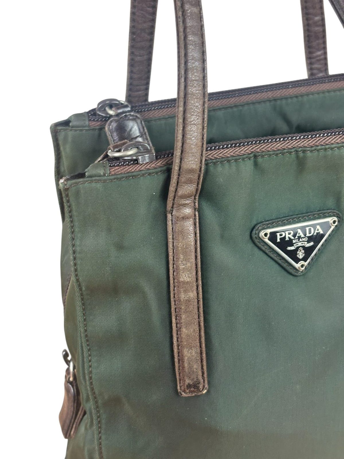Prada Green/Brown Leather Trim/Nylon Tote