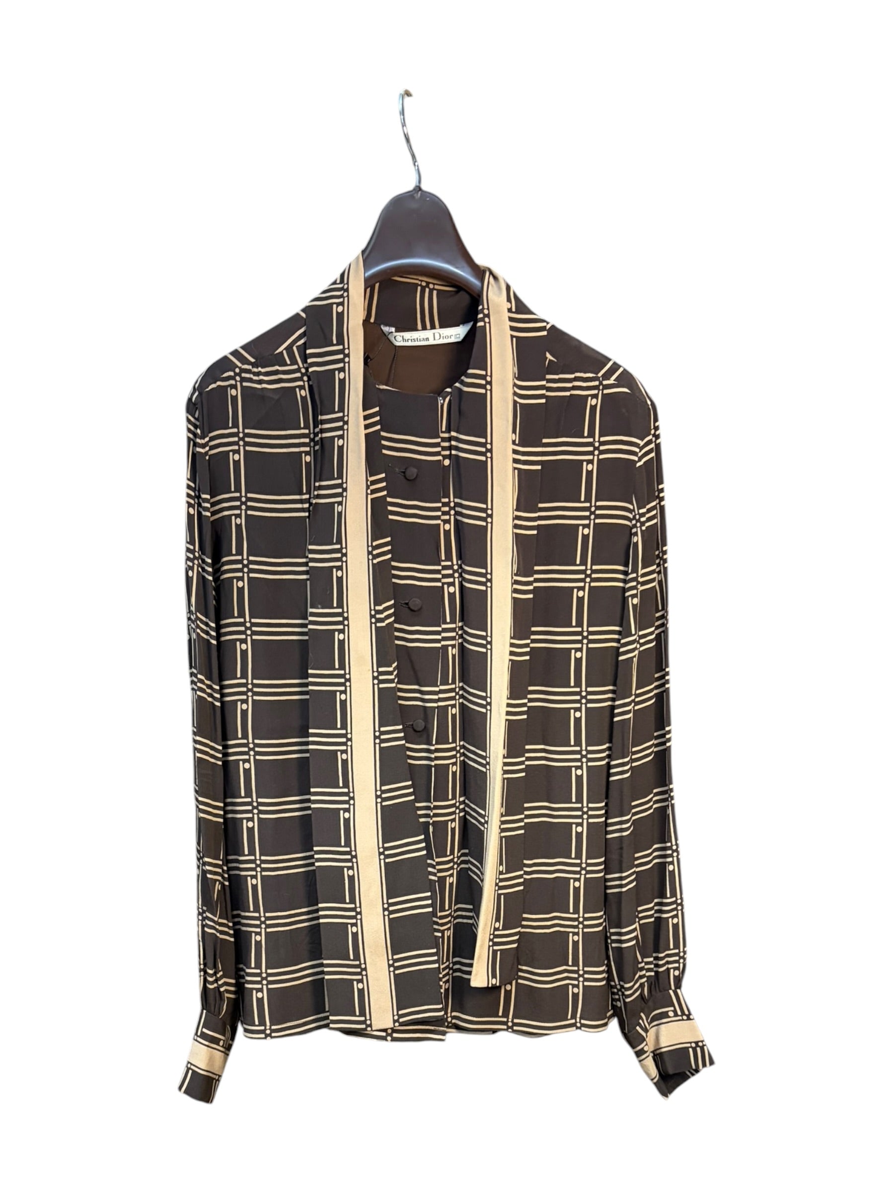 Christian Dior Dark Brown Intersecting Grid Line Pattern Blouse