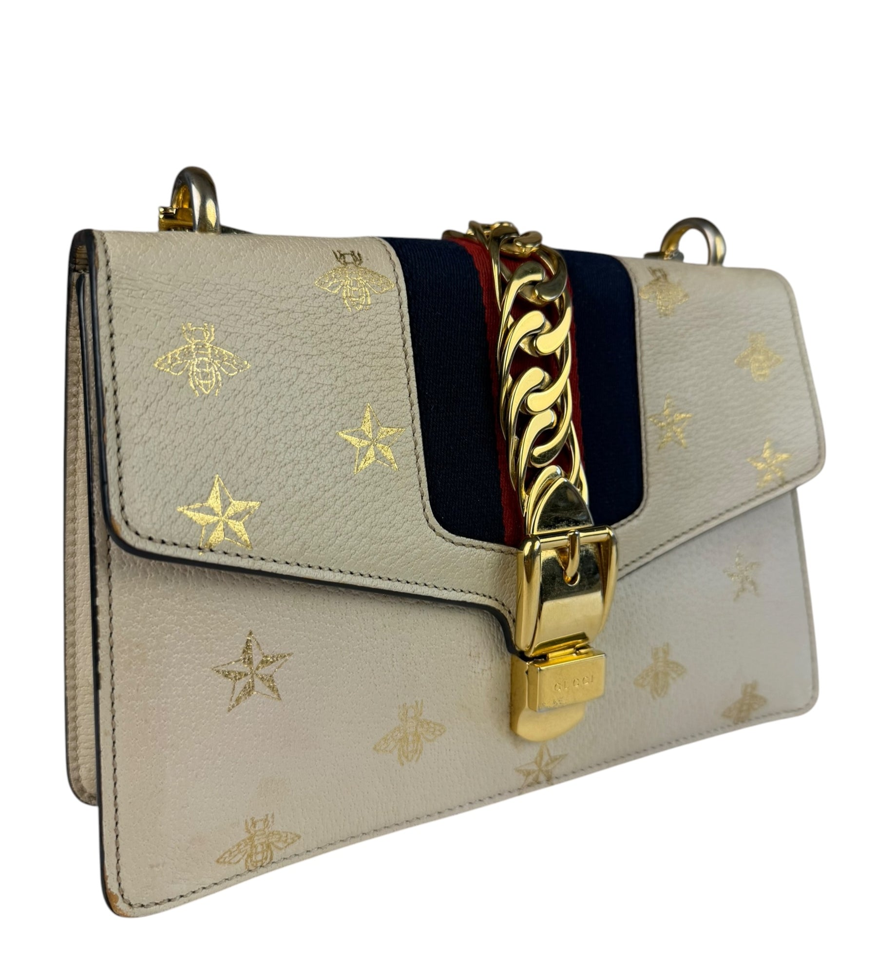 Gucci Textured Calfskin Bee Star Sylvie Shoulder Bag White