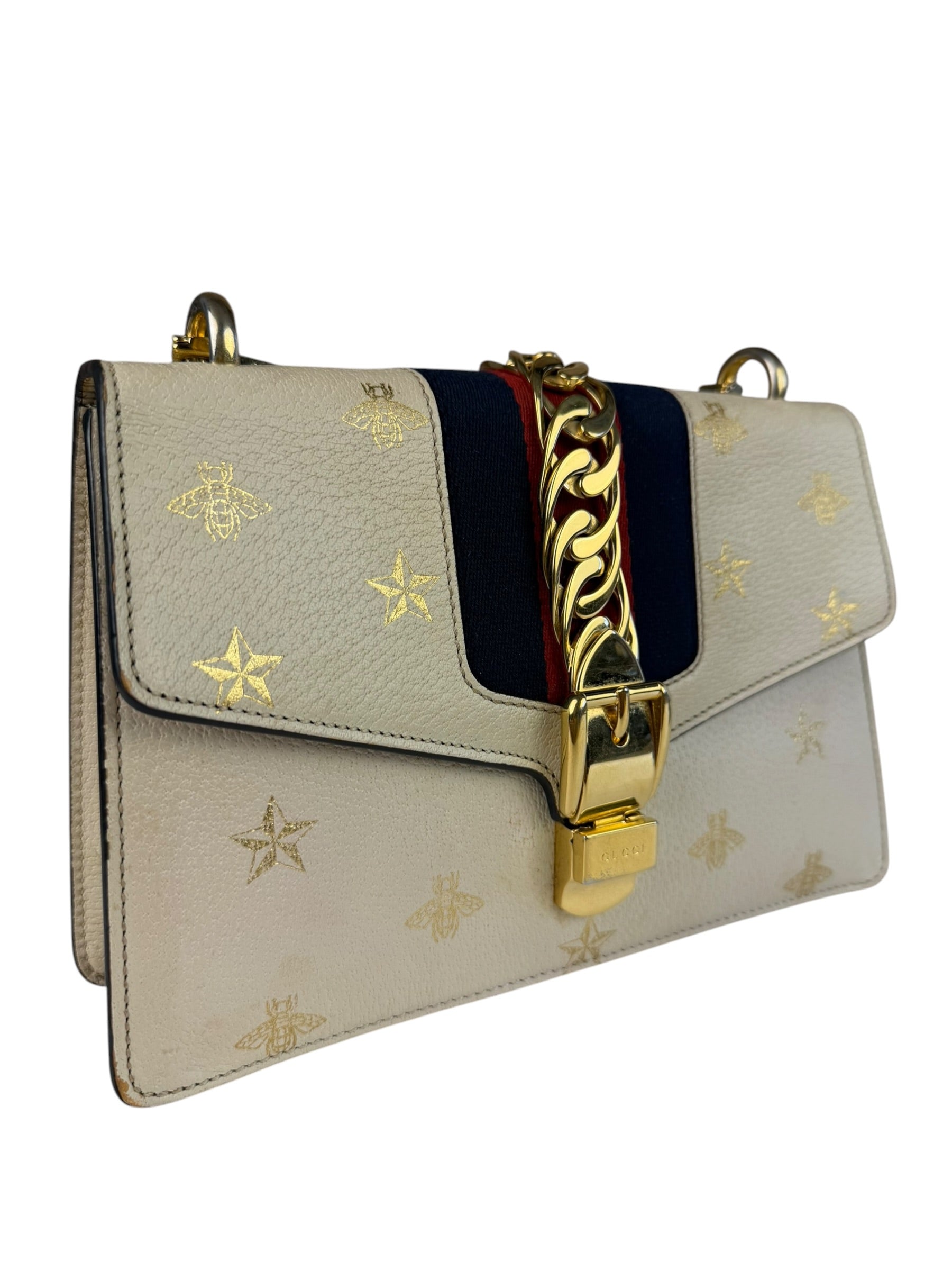 Gucci Textured Calfskin Bee Star Sylvie Shoulder Bag White