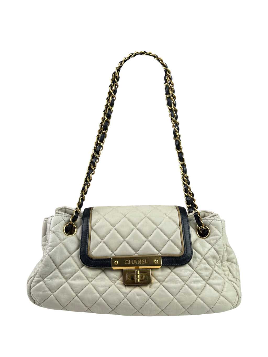 Chanel White/Black Quilted Lambskin East/West Mademoiselle Accordion Flap Bag 2012