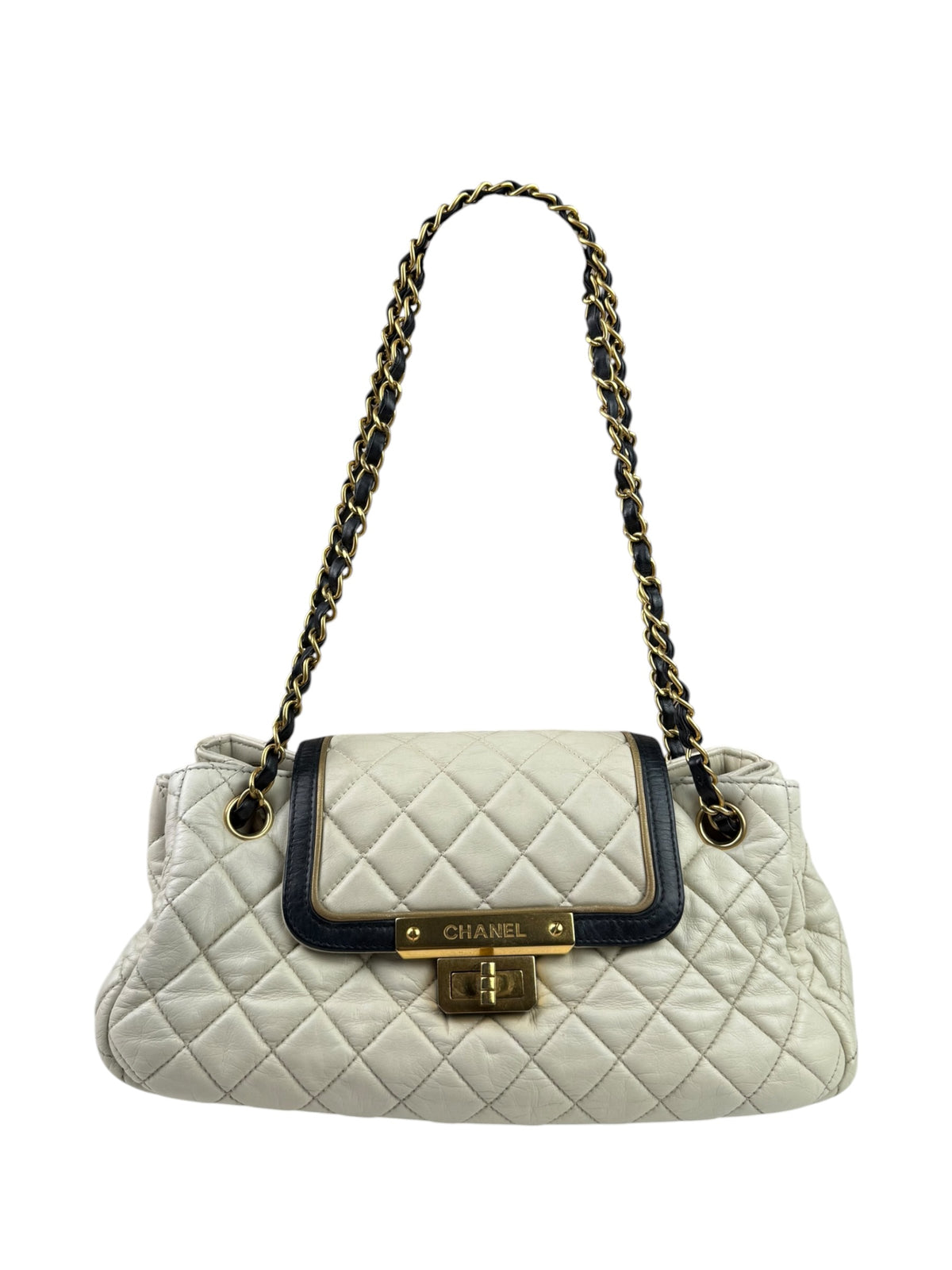 Chanel White/Black Quilted Lambskin East/West Mademoiselle Accordion Flap Bag 2012