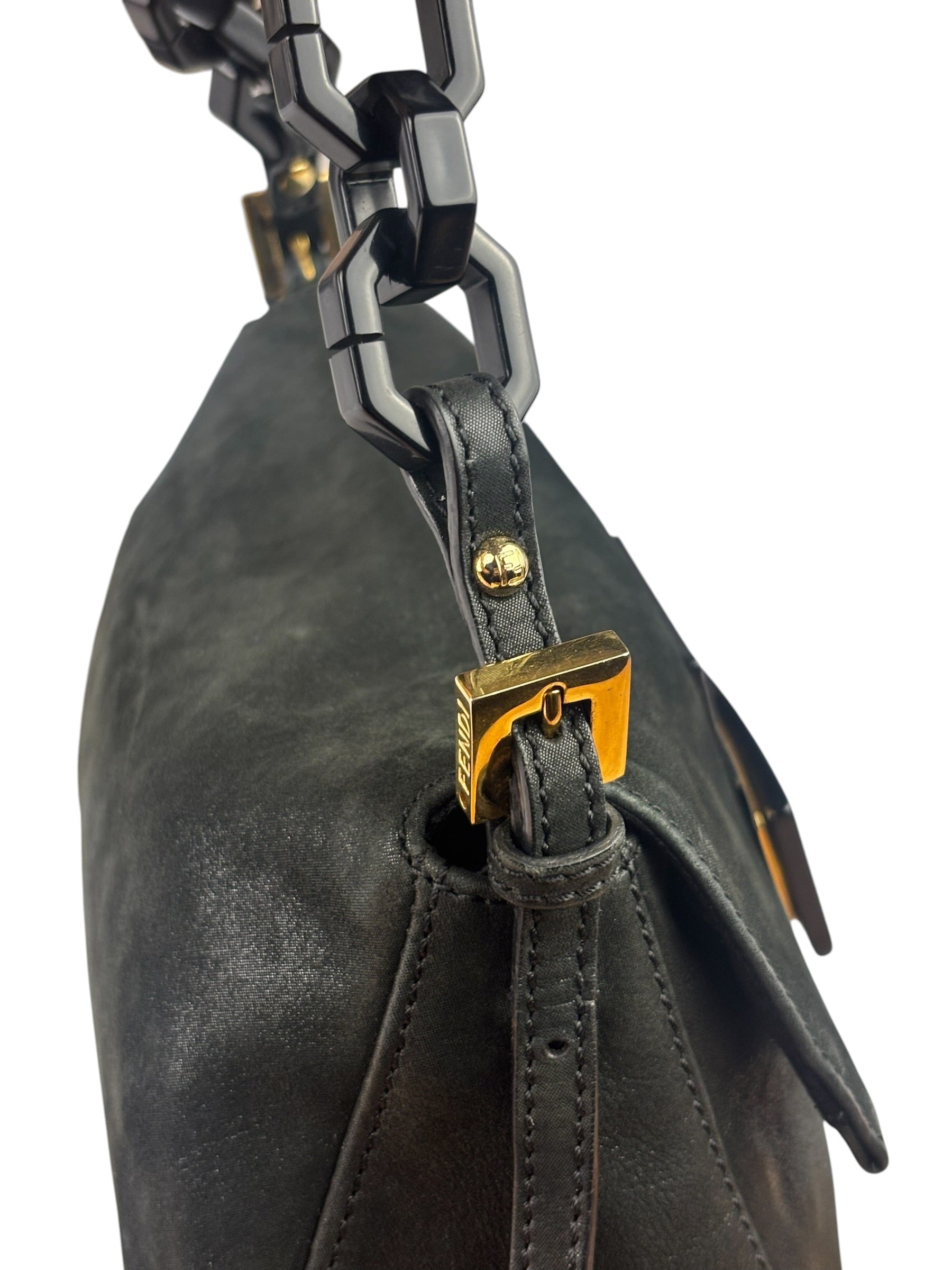 Fendi Shiny Black Suede Small Baguette