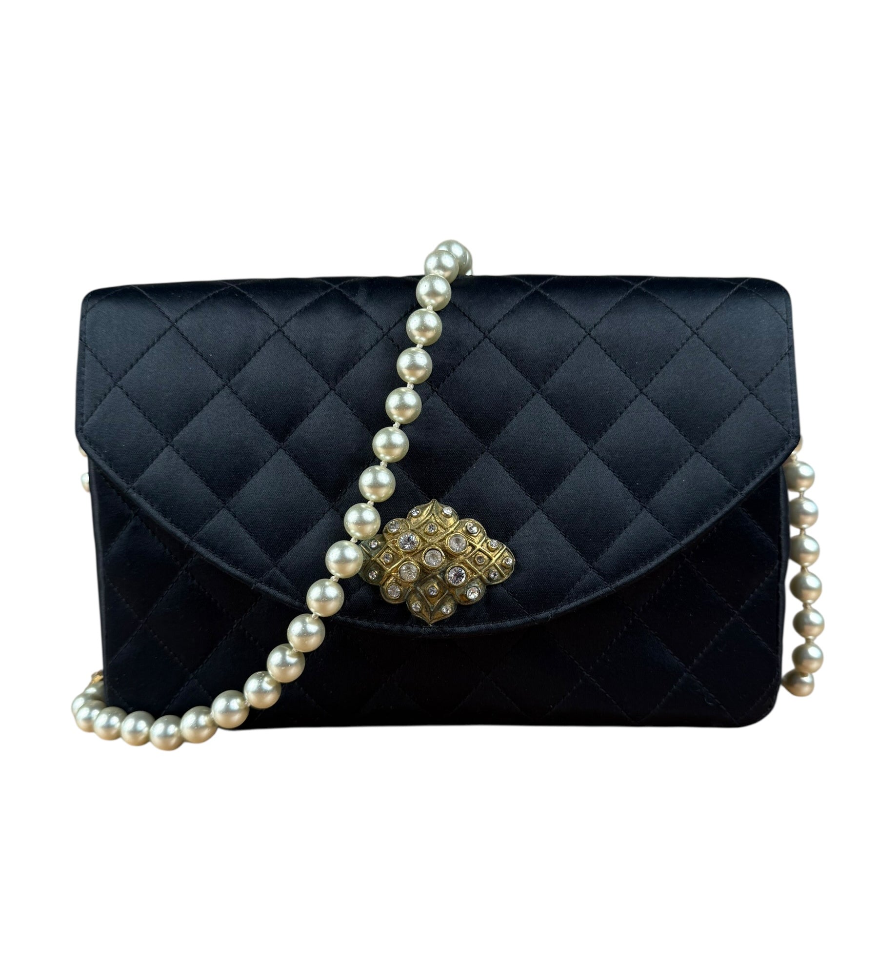 Chanel Black Quilted Satin Gripoix Pearl Flap Bag 1986