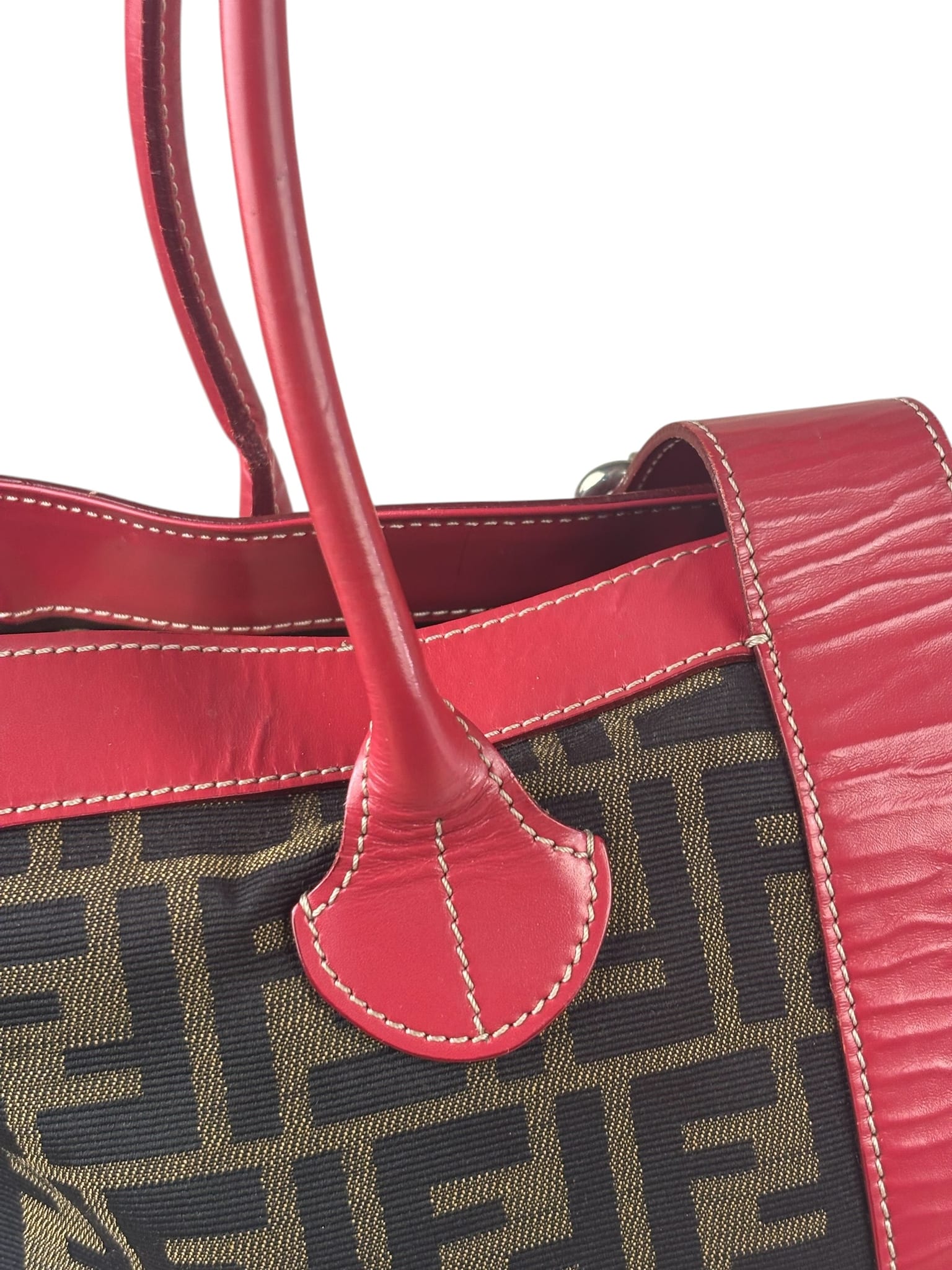 Fendi Beige/Red Leather Trim Zucca Buckle Tote