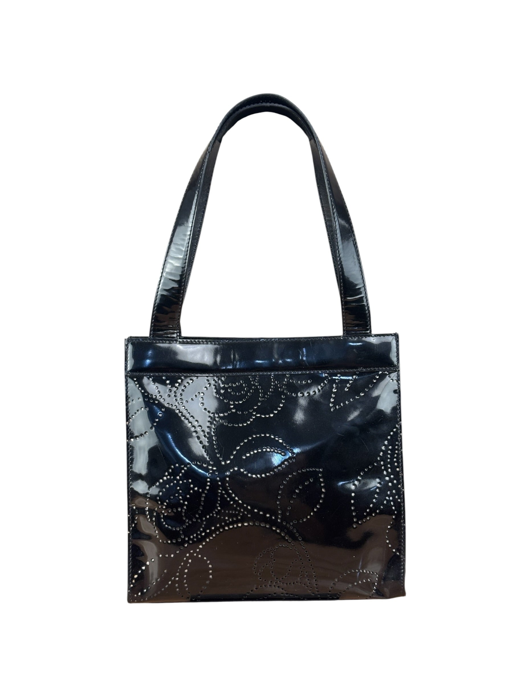 Chanel Black Patent Leather Perforated Camellia Tote Bag 2003