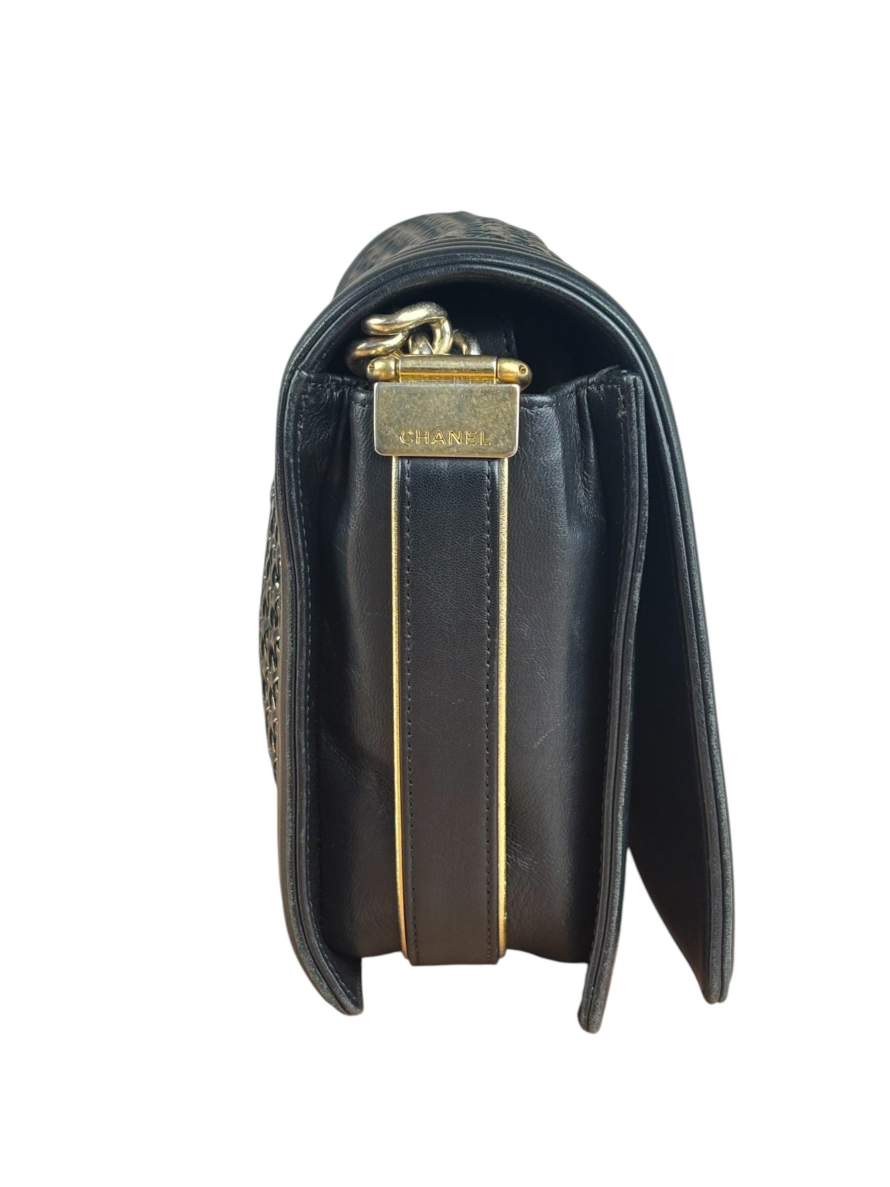 Chanel Black Leather Braided Boy Flap Shoulder Bag 2014