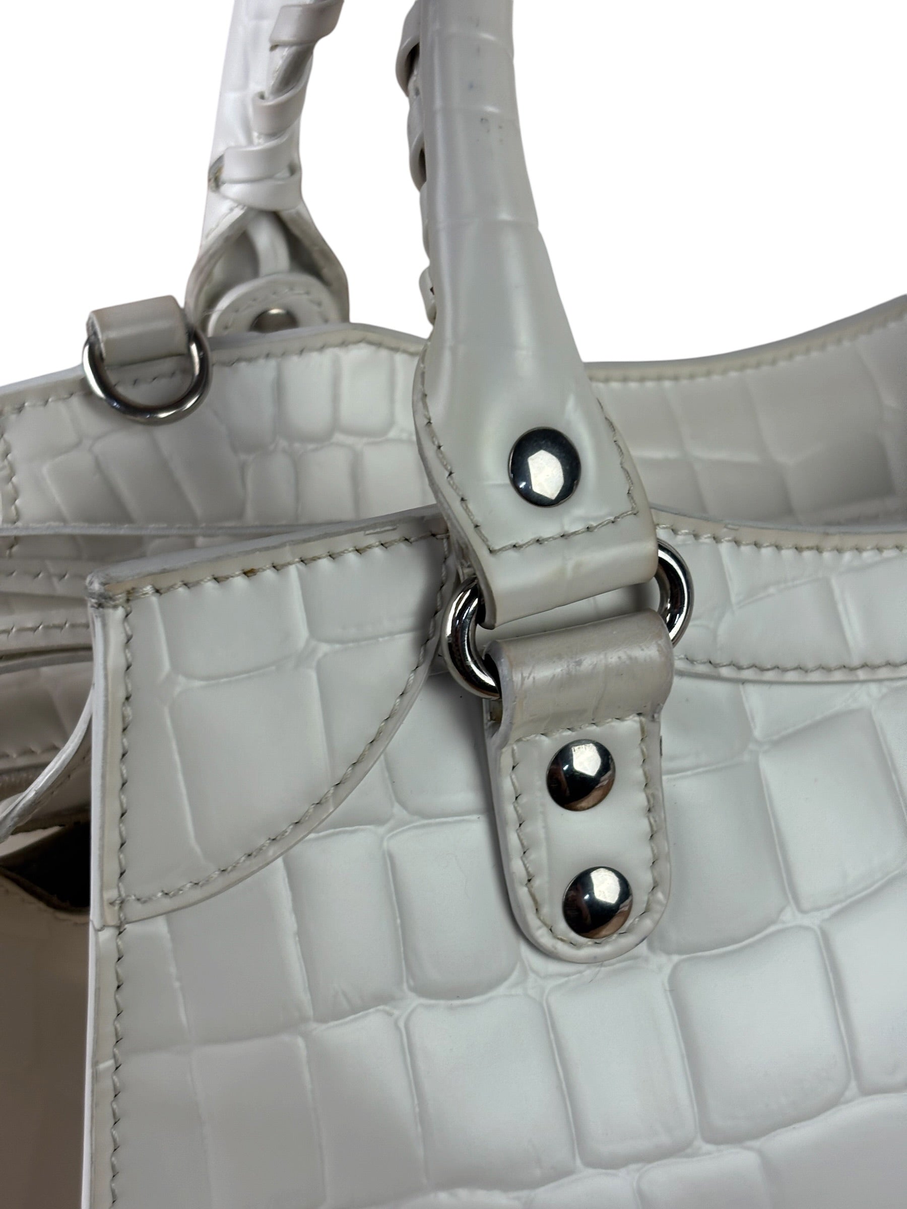 Balenciaga White Crocodile-Embossed Leather Two-Way Bag