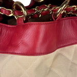 Chanel Vintage Beige/Red Leather Trim Drawstring Bucket Bag 1989