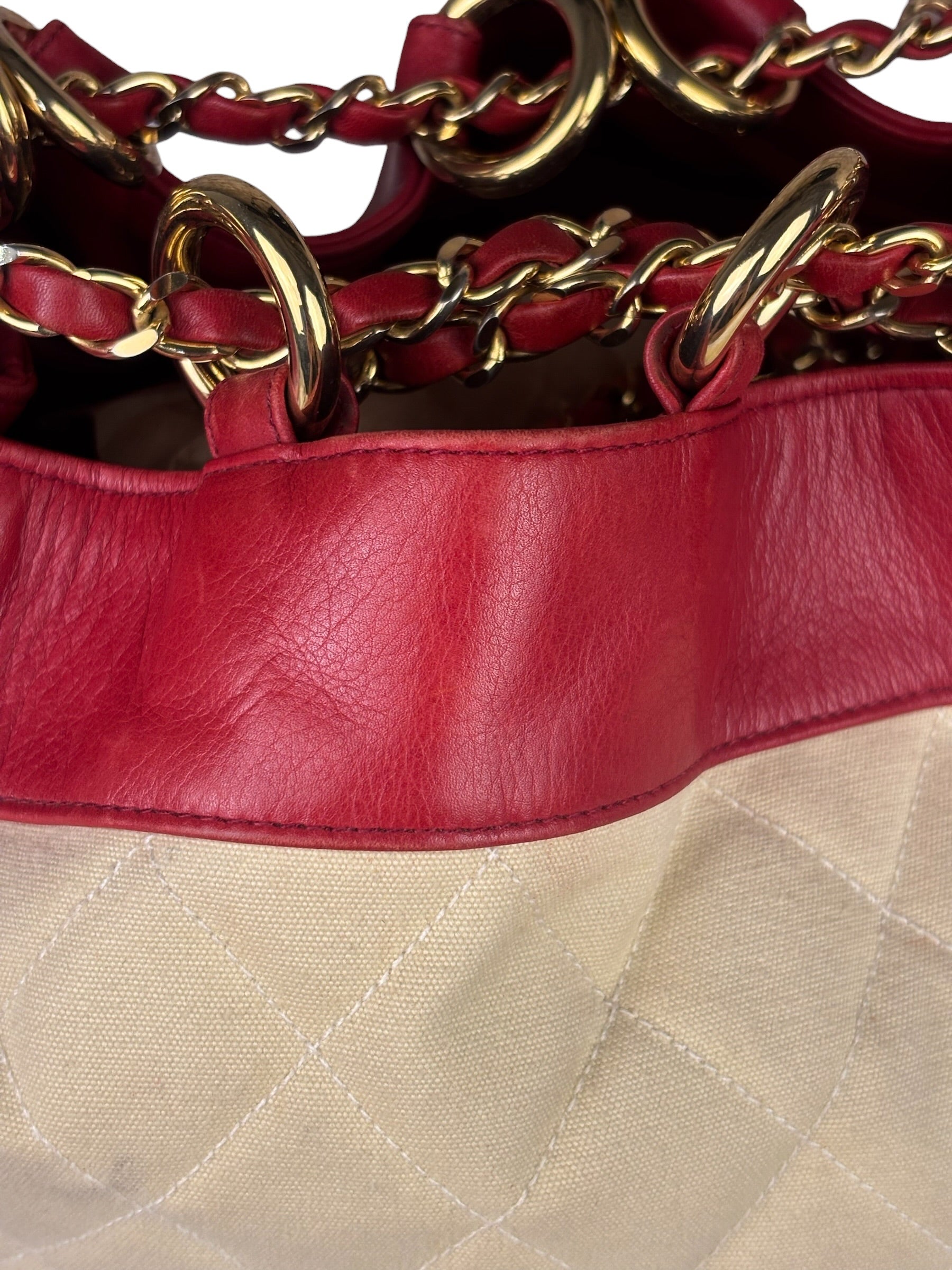 Chanel Vintage Beige/Red Leather Trim Drawstring Bucket Bag 1989