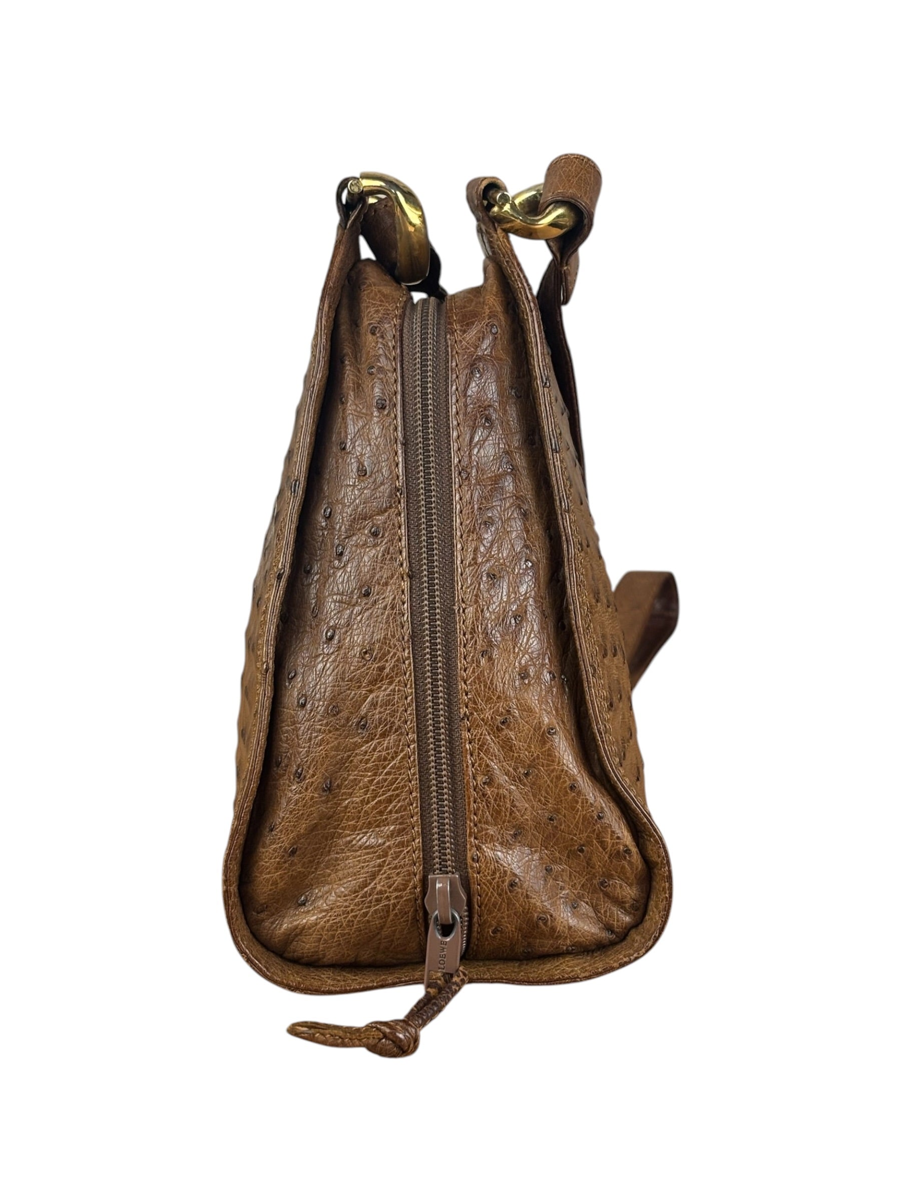 Loewe Vintage Brown Ostrich Print Leather Triangular Shoulder Bag
