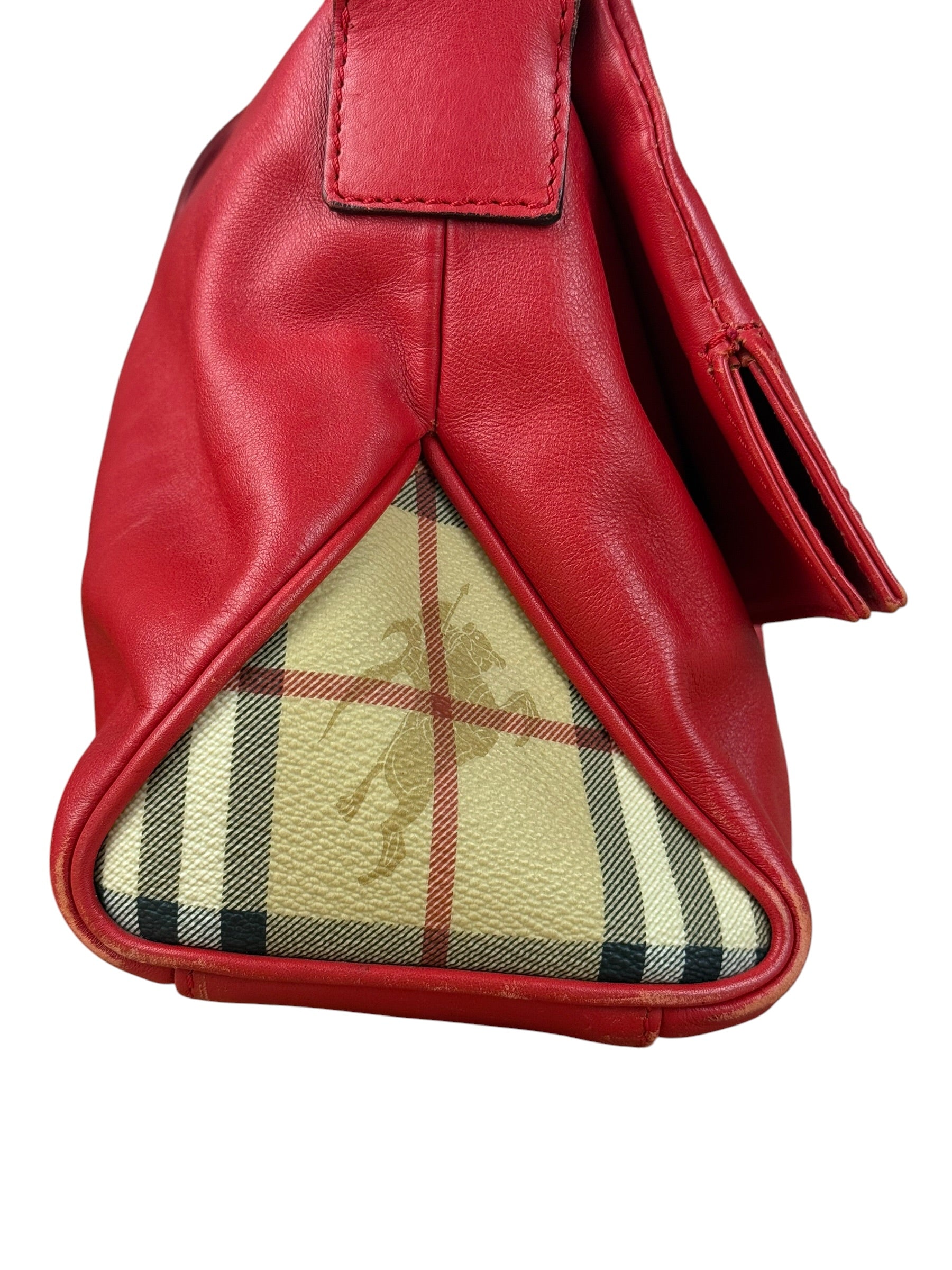 Burberry Red Leather Haymarket Check Shoulder Bag