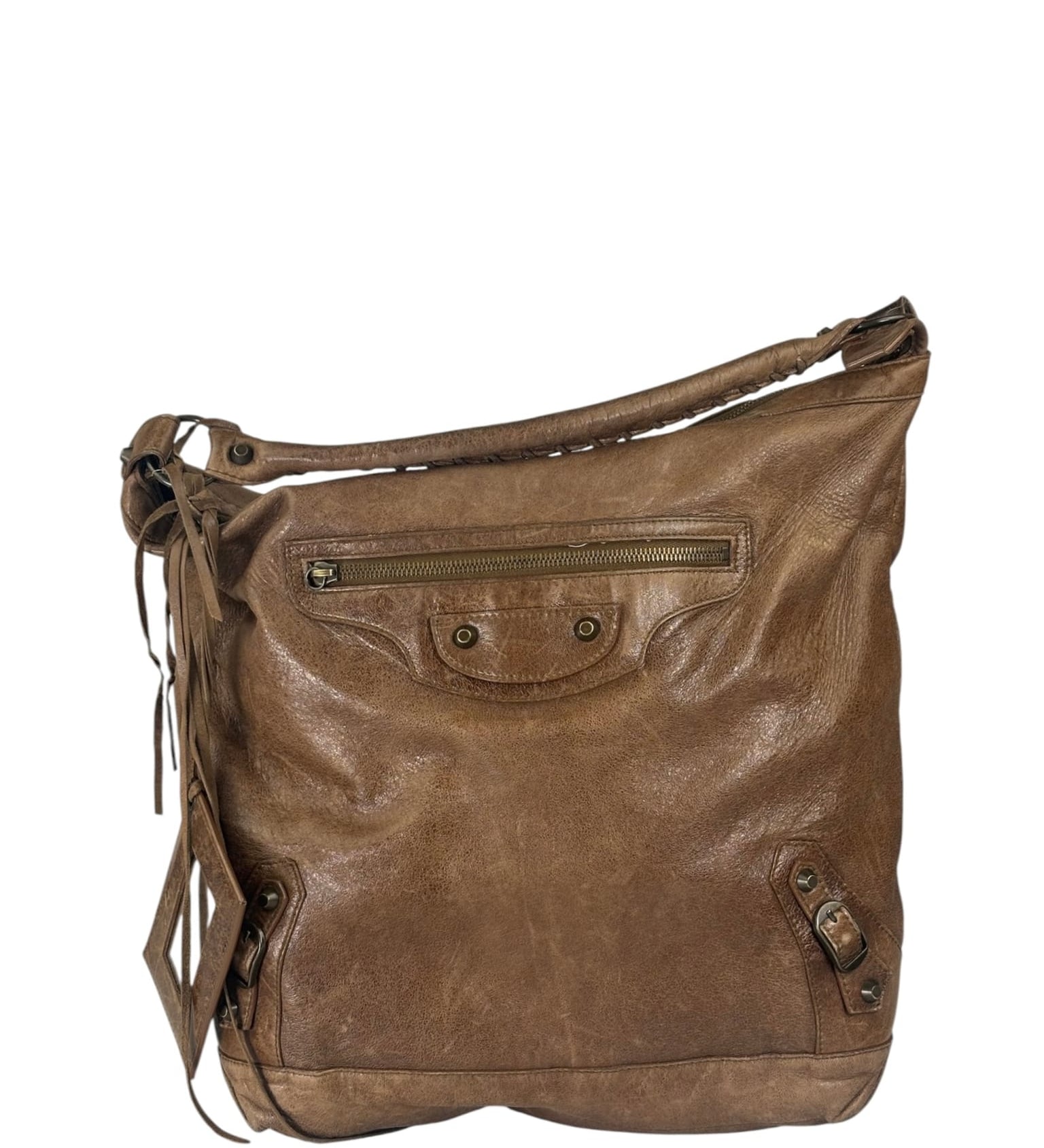 Balenciaga Brown Lambskin Day Moto Hobo Bag