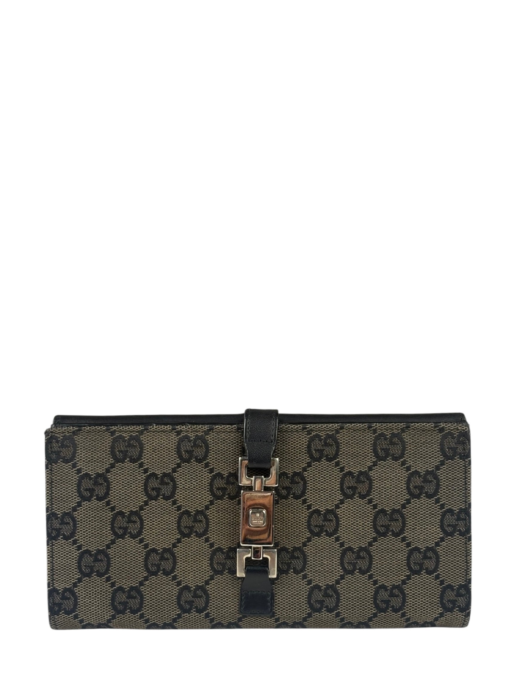 Gucci Black Leather Trim GG Flap Long Wallet