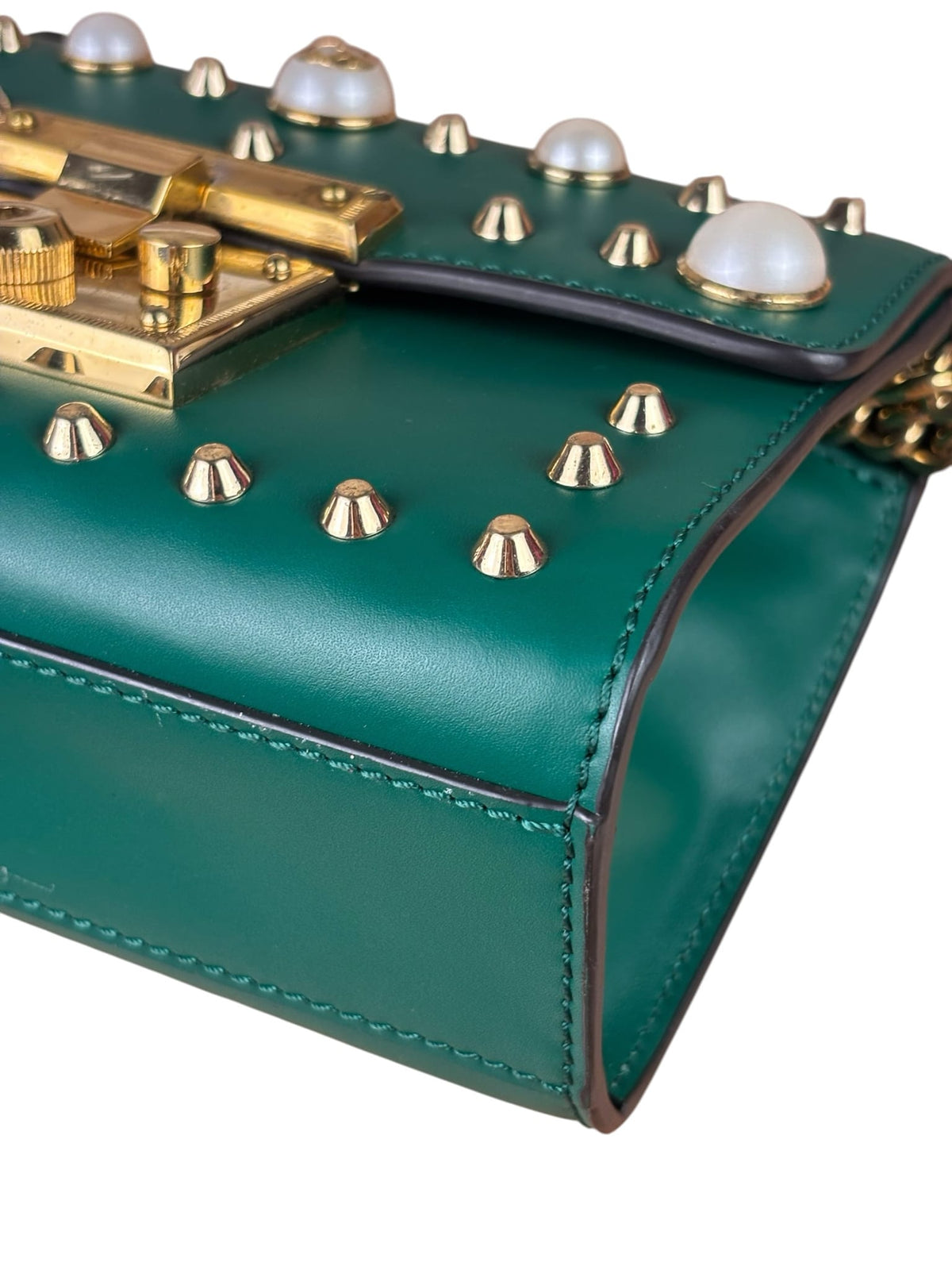 Gucci Green Leather Faux Pearls & Studs Small Padlock Bag