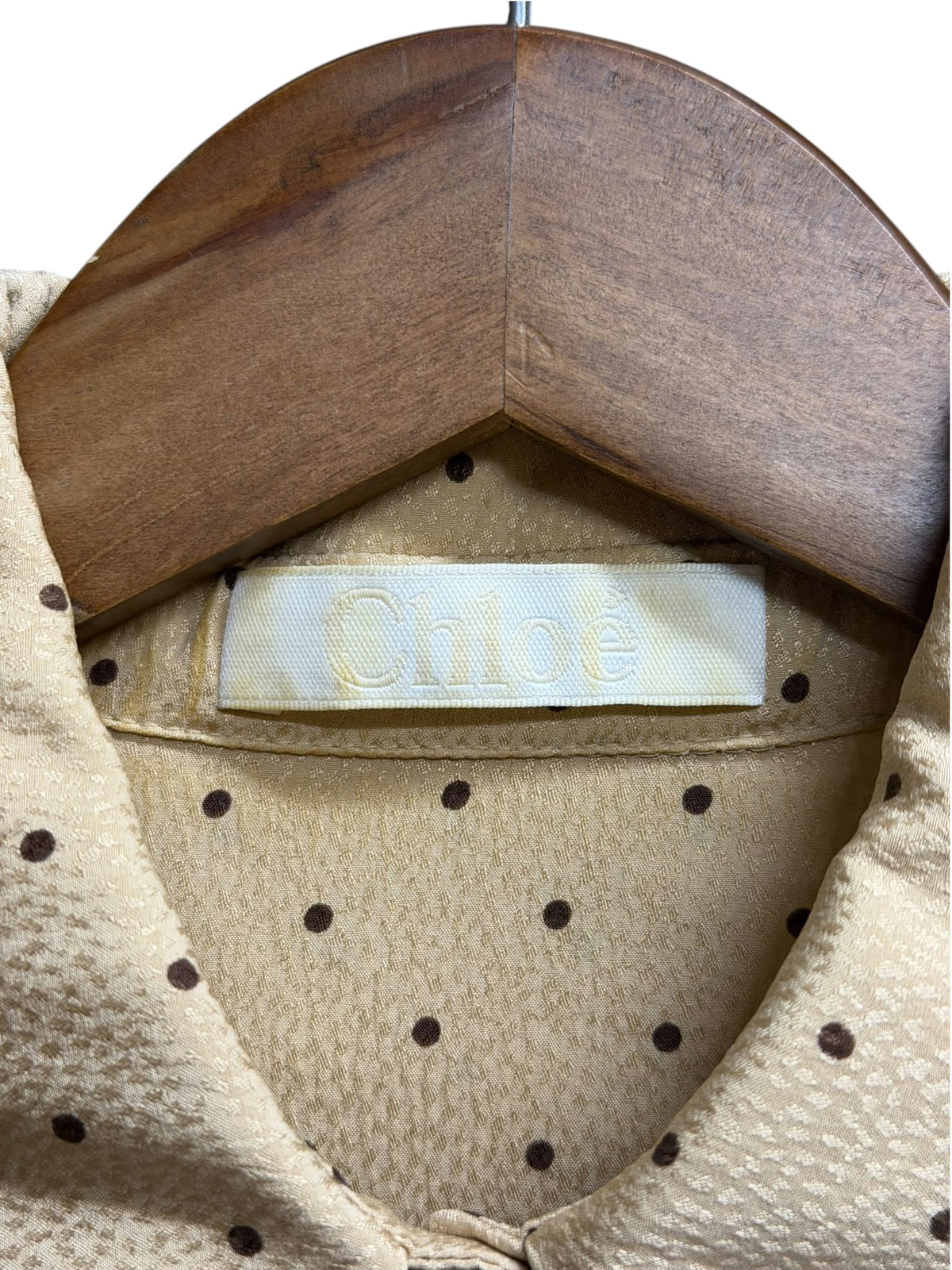 Chloe Beige Silk Polka Dot Velour Bow Blouse