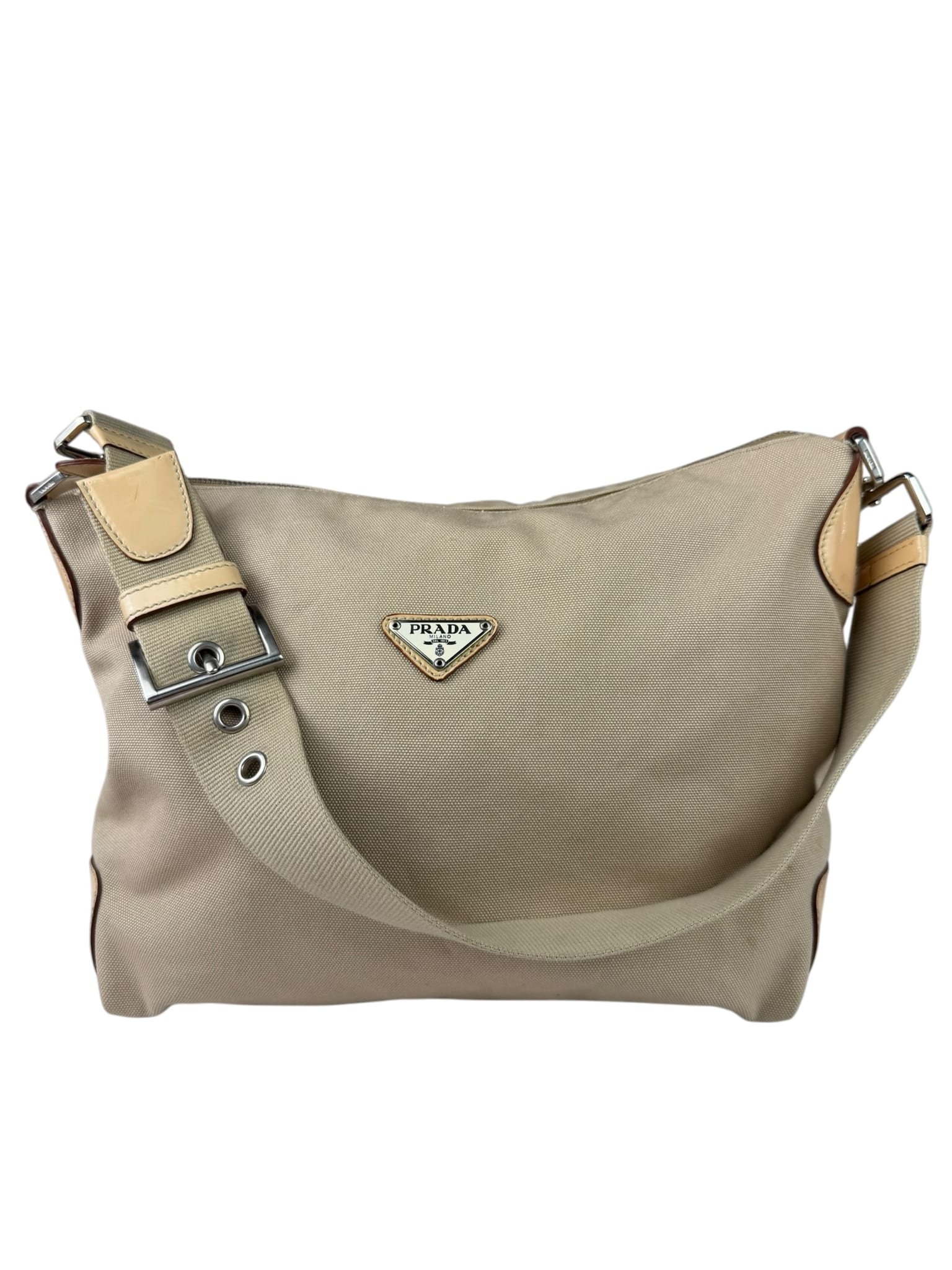 Prada Beige Cloth/Patent Leather Trim Shoulder Bag