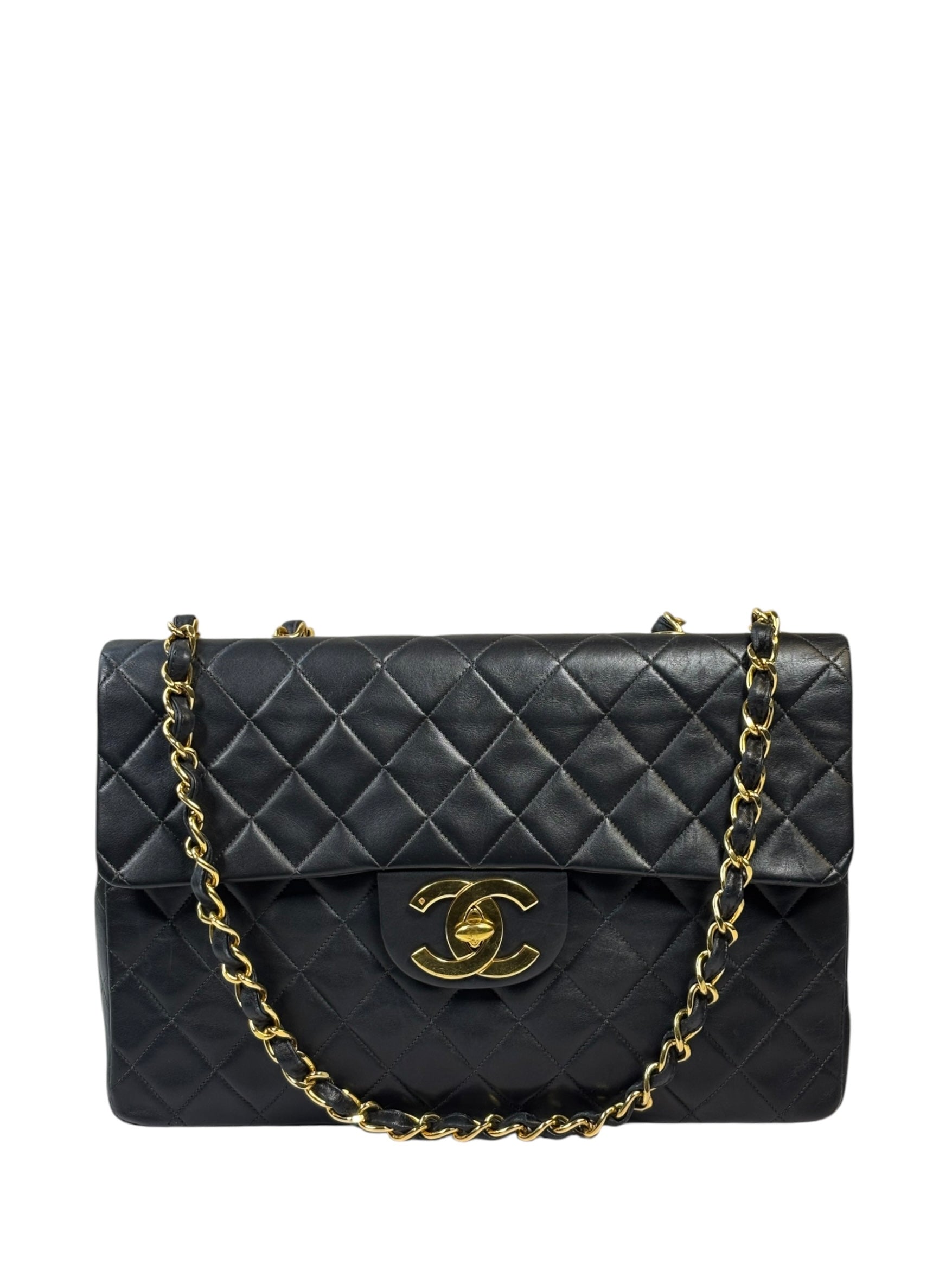 Chanel Vintage Black Quilted Leather Jumbo Flap Bag 1994