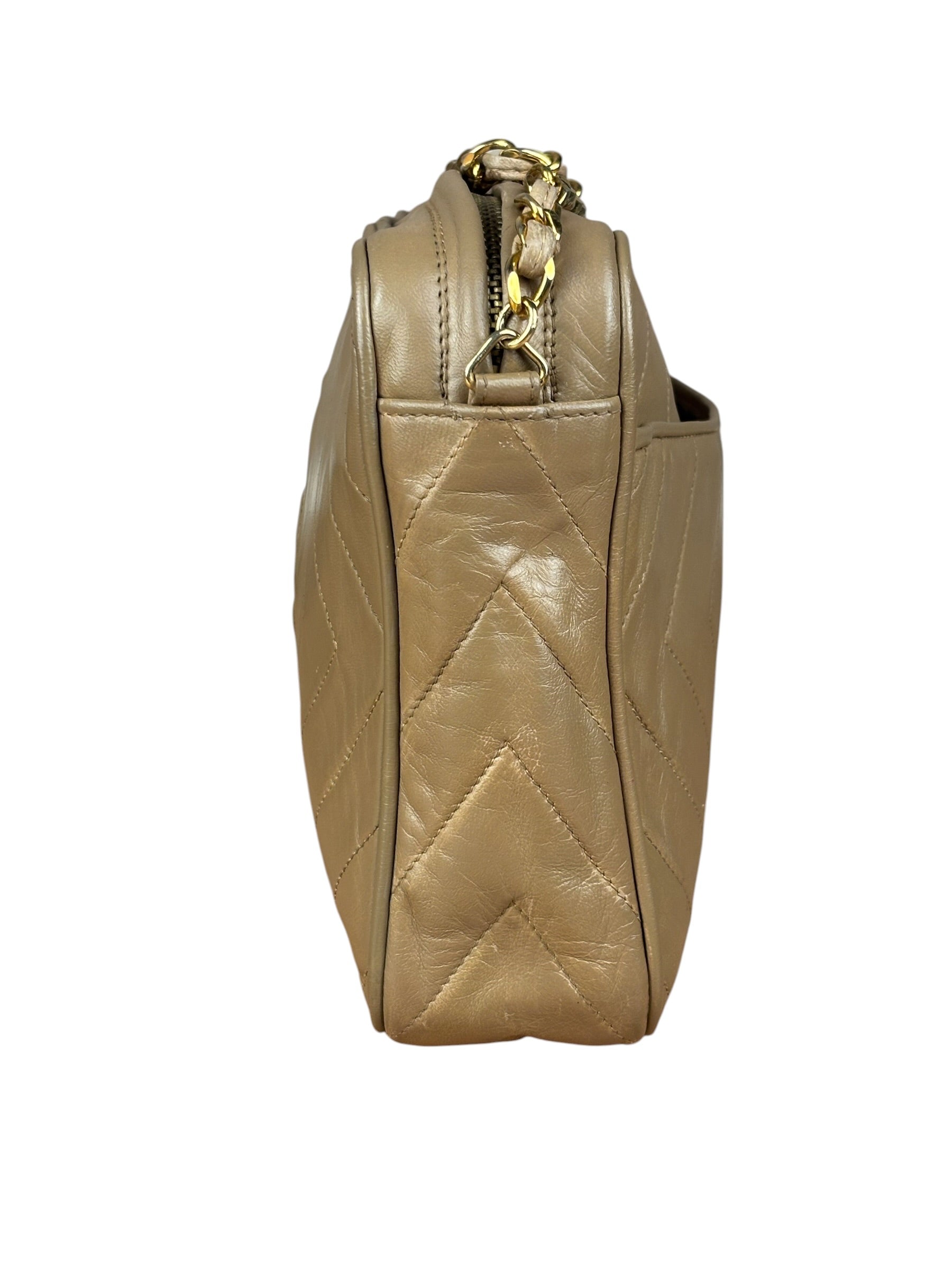 Chanel Tan Beige Chevron Leather Camera Case