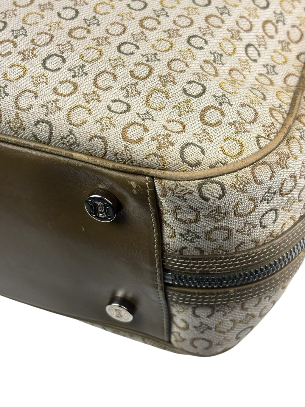 Celine Beige/Green Leather Trim Macadam Handbag